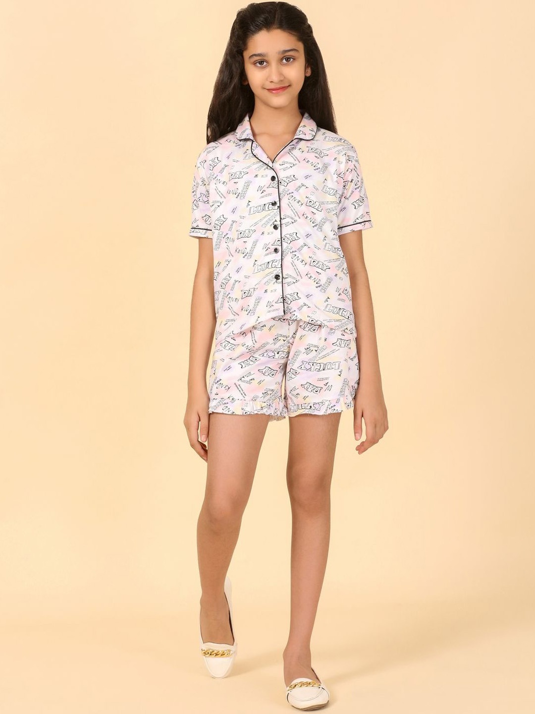

Ninos Dreams Girls Typography Printed Shirt Collar Pure Cotton Shirt With Shorts, Mauve