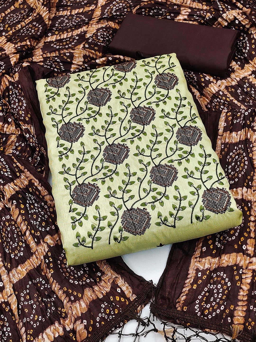 

SAINOOR Floral Embroidered Zora Silk Unstitched Dress Material, Green