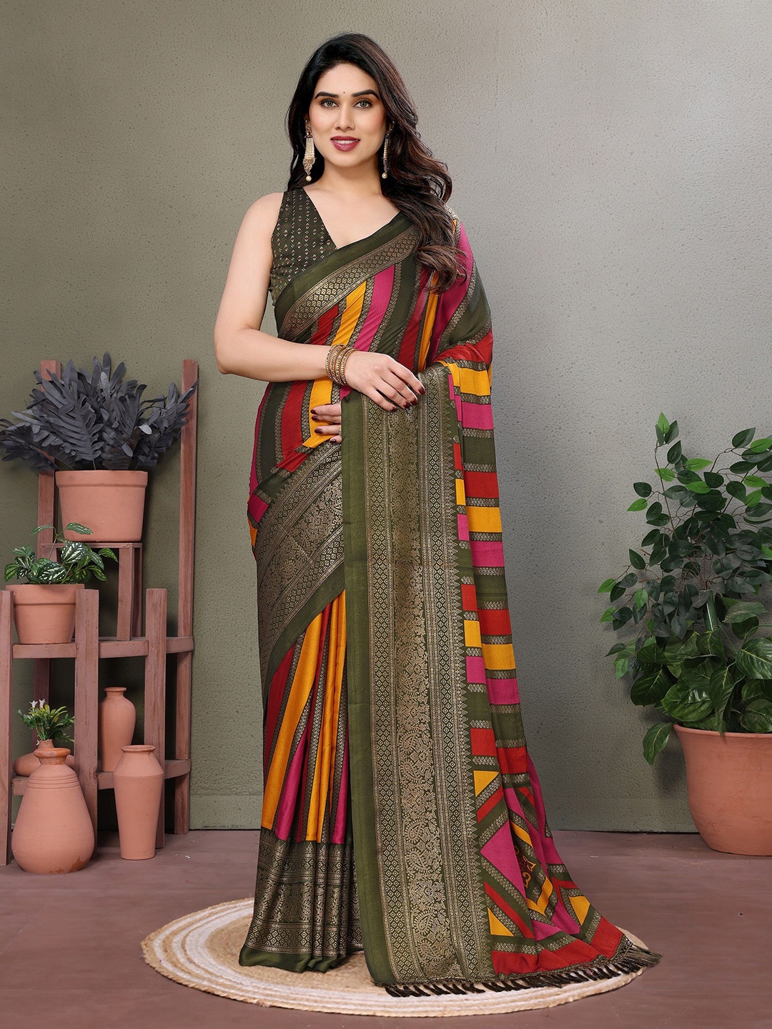 

Moda Rapido Embellished Poly Georgette Saree, Olive