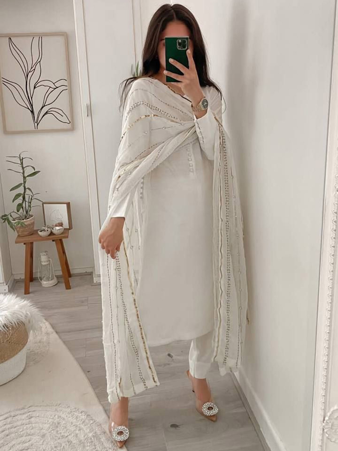 

Bought First Notch Neck Straight Kurta With Trousers And Dupatta, White
