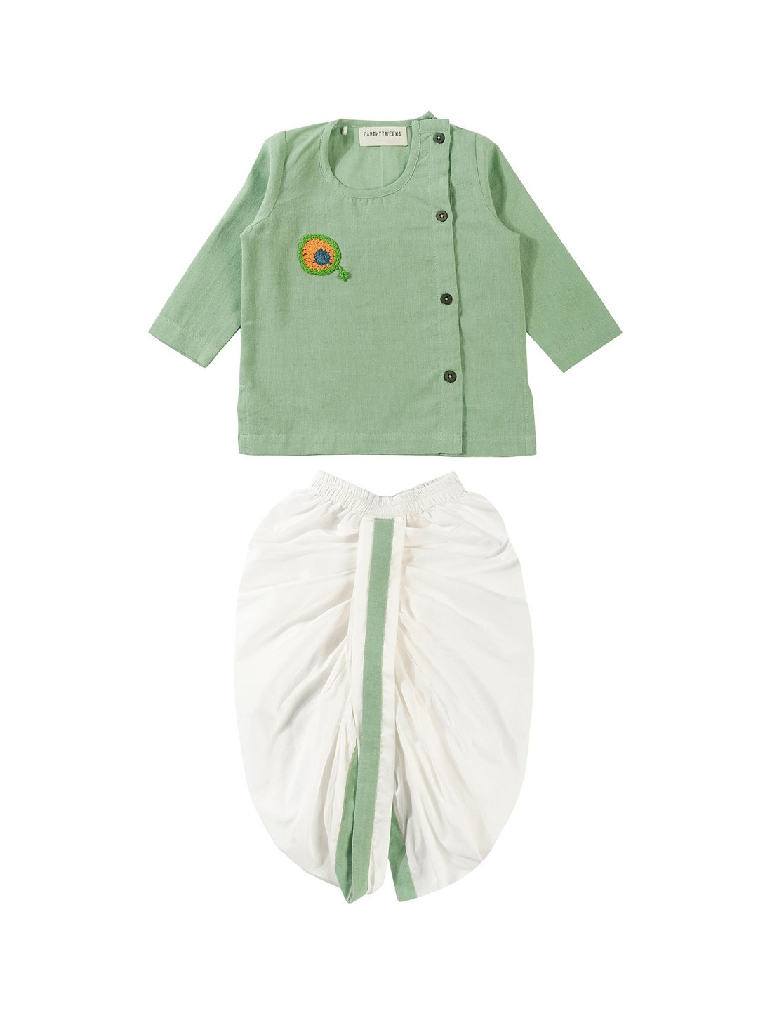 

EARTHY TWEENS Boys Peacock Embroidered Thread Work Pure Cotton Kurta With Dhoti Pants, Green