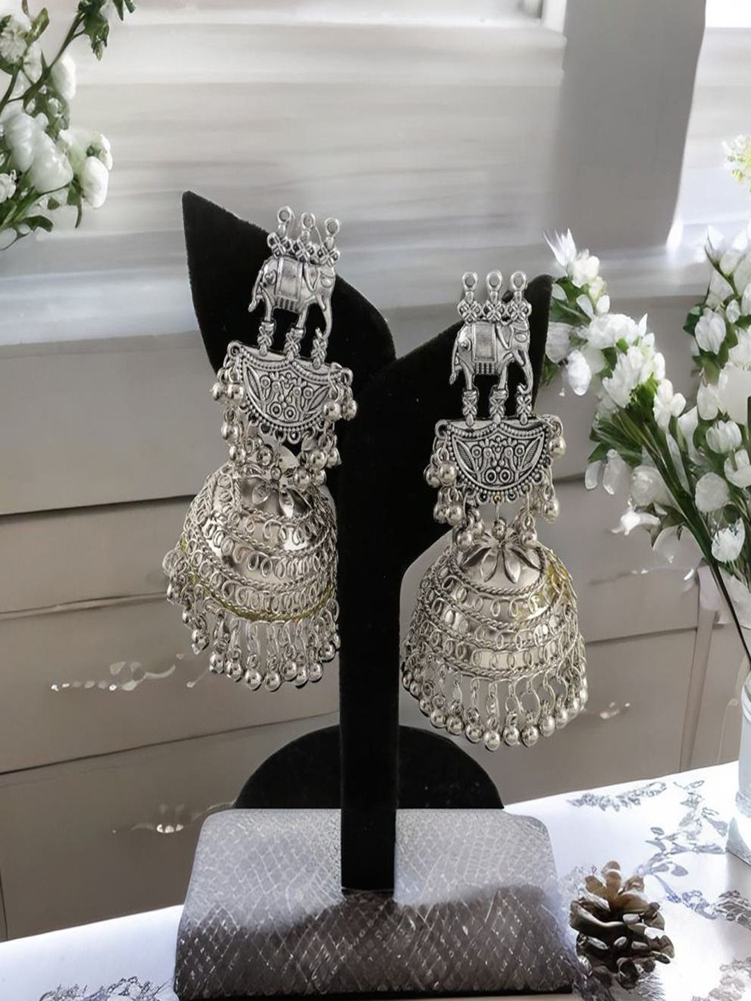 

Sangria Silver Plated Elephant Style Banjara Oxidised Jhumkas