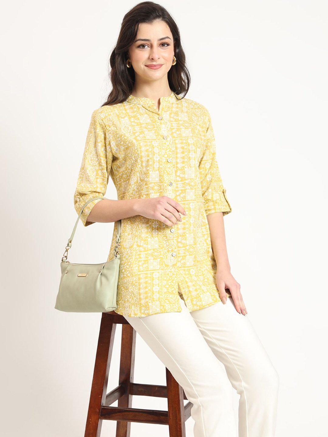 

BAESD Print Mandarin Collar Roll-Up Sleeves Cotton Shirt Style Top, Yellow