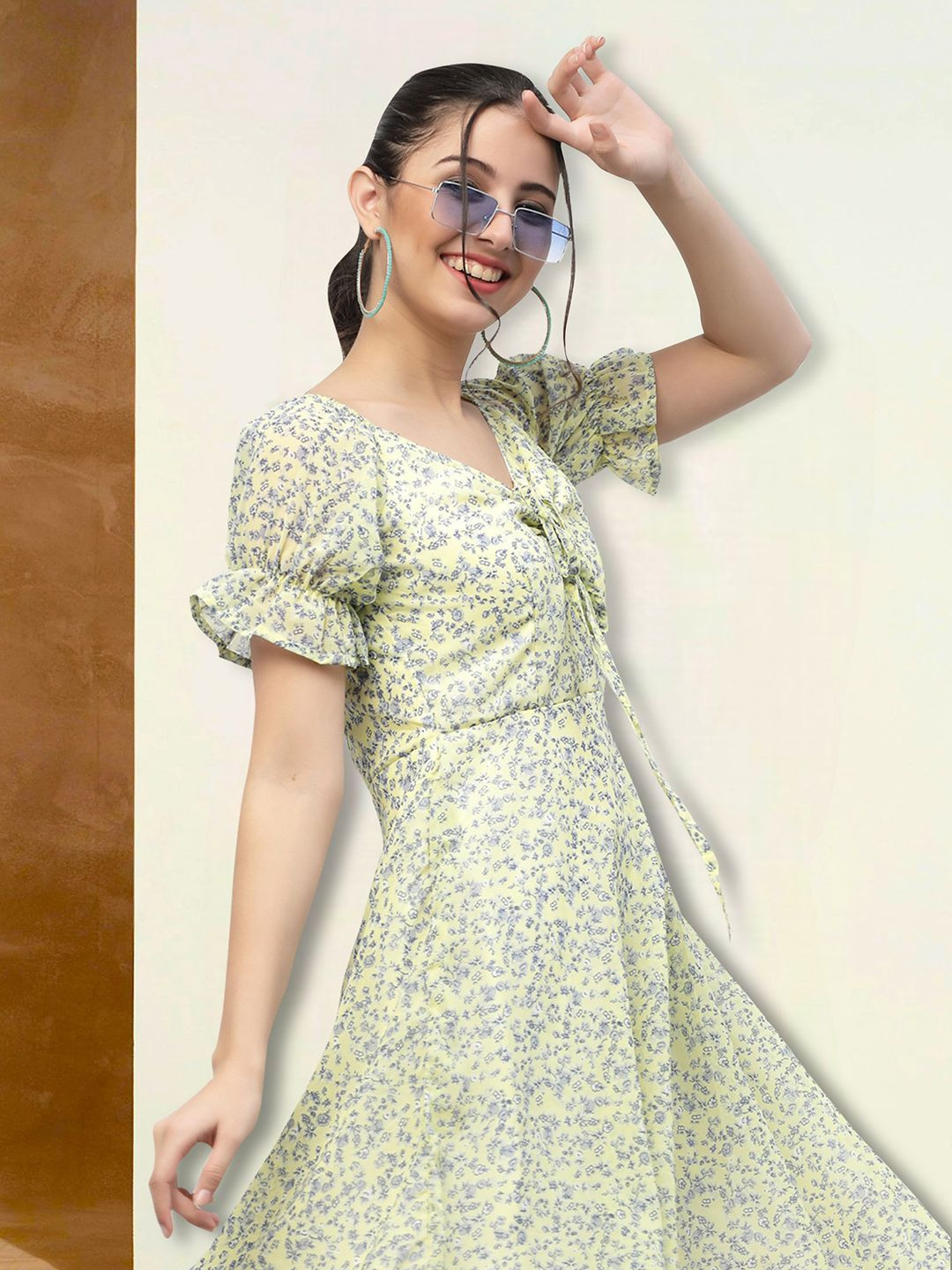 

Moda Rapido Floral Print Applique Fit & Flare Dress, Yellow