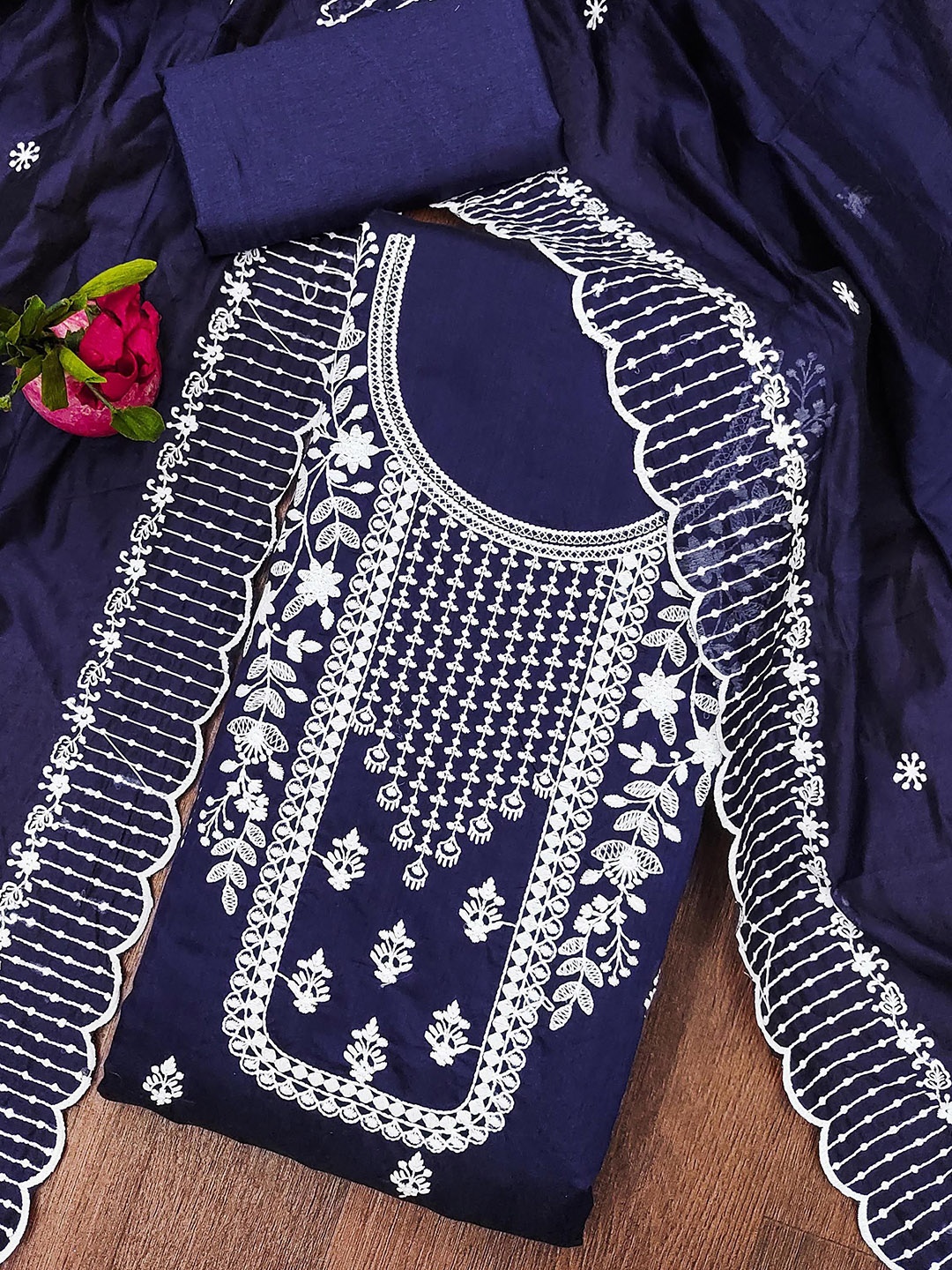 

SAINOOR Floral Embroidered Chanderi Cotton Semi-Stitched Dress Material, Navy blue