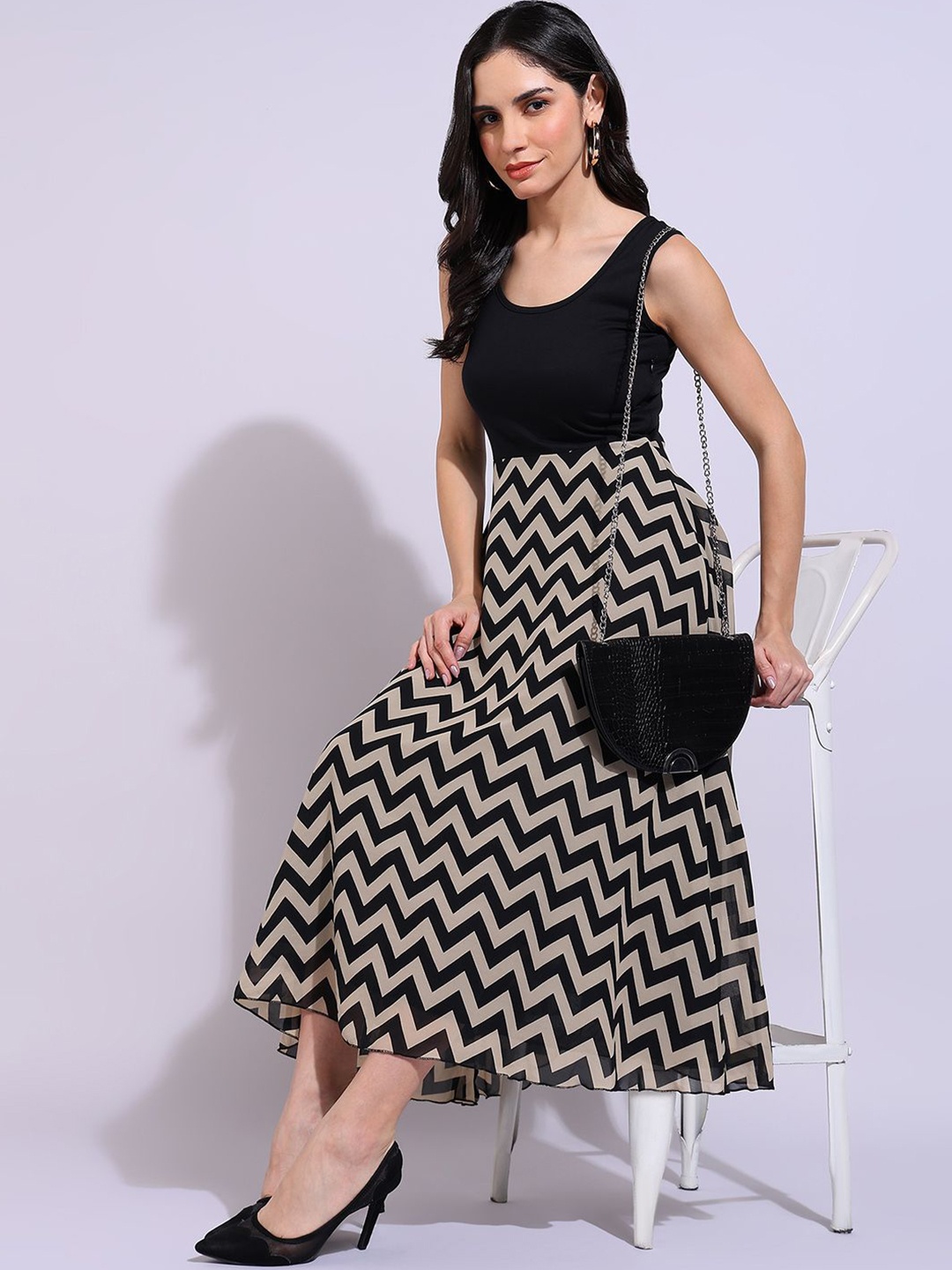 

CORSICA Striped Georgette Fit & Flare Midi Dress, Beige