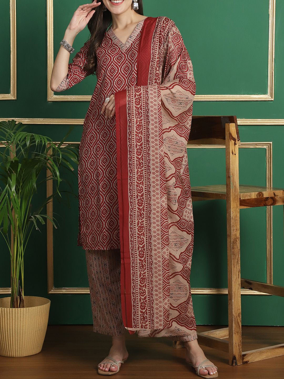 

Moda Rapido Geometric Printed Straight Pure Cotton Kurta With Trousers And Dupatta, Red