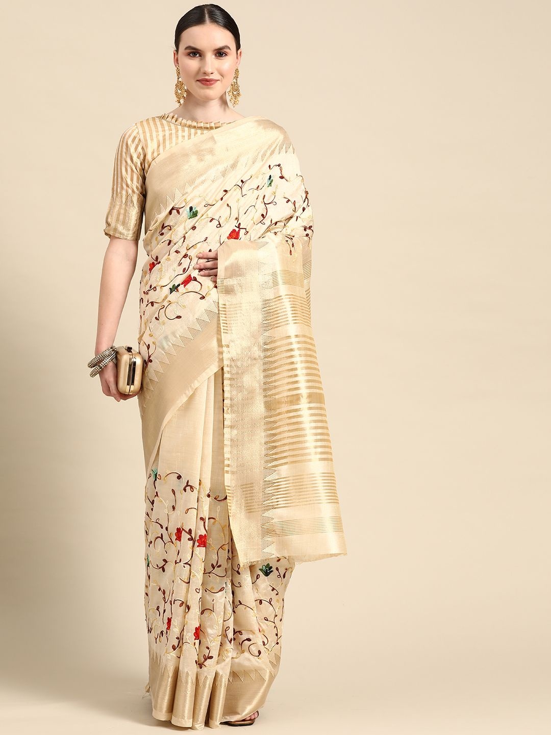 

DIVASTRI Woven Design Embroidered Silk Cotton Banarasi Saree, Cream