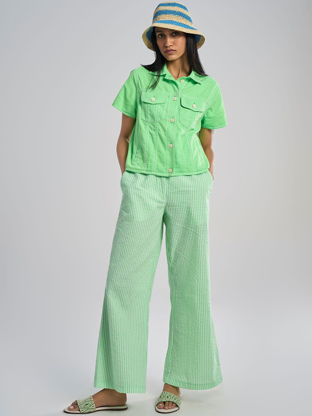 

Terra Luna NOVA Women Loose Fit Striped Wide Leg Cotton Trouser, Green