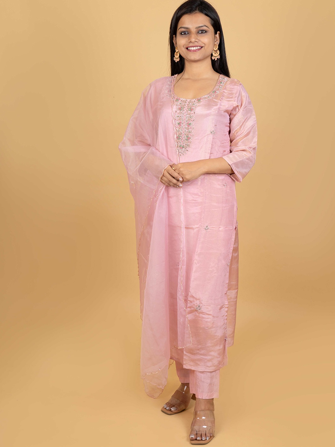 

The Kalakriti House Floral Embroidered Pure Silk Straight Kurta With Trousers & Dupatta, Pink