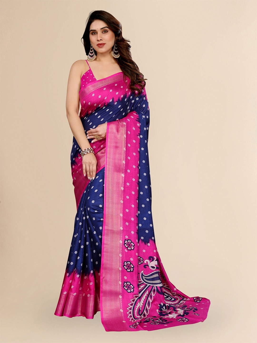 

Moda Rapido Bandhani Printed Saree, Navy blue