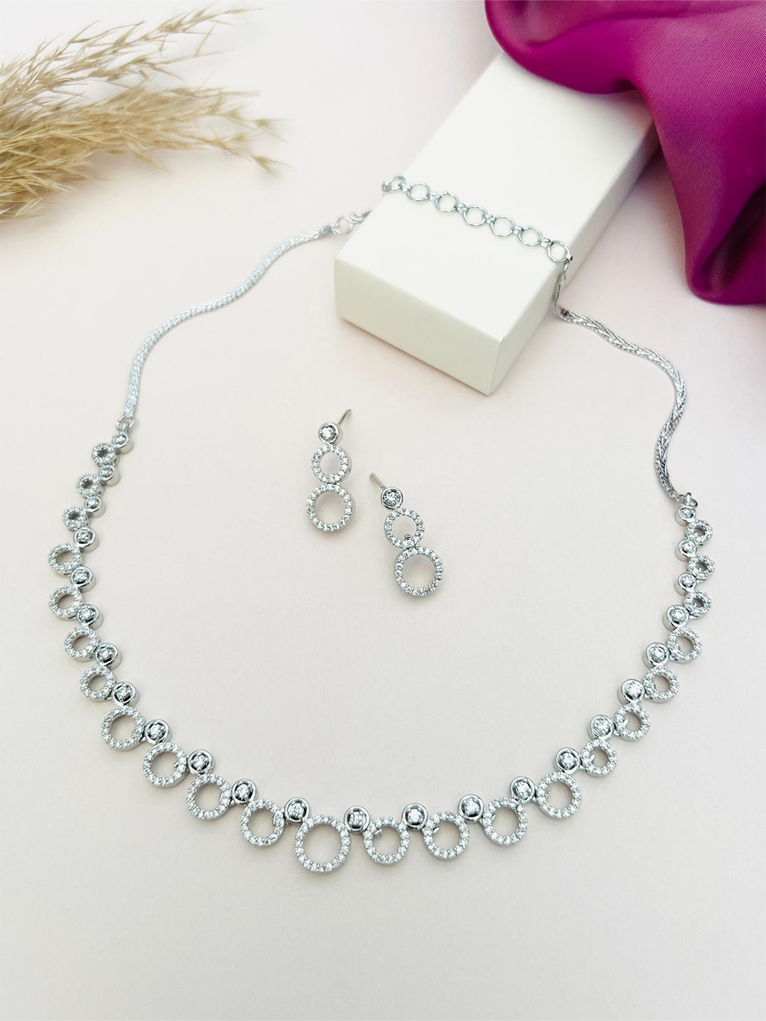 

ABDESIGNS Sophisticated Silver Plated American Diamond Jewellery Set