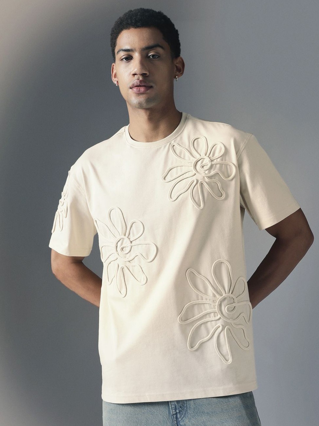 

H&M Embroidered Crew Neck T-Shirt, Beige