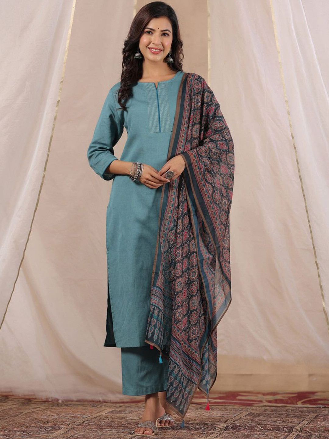 

mimi design Women Regular Kurta with Dhoti Pants & With Dupatta, Turquoise blue