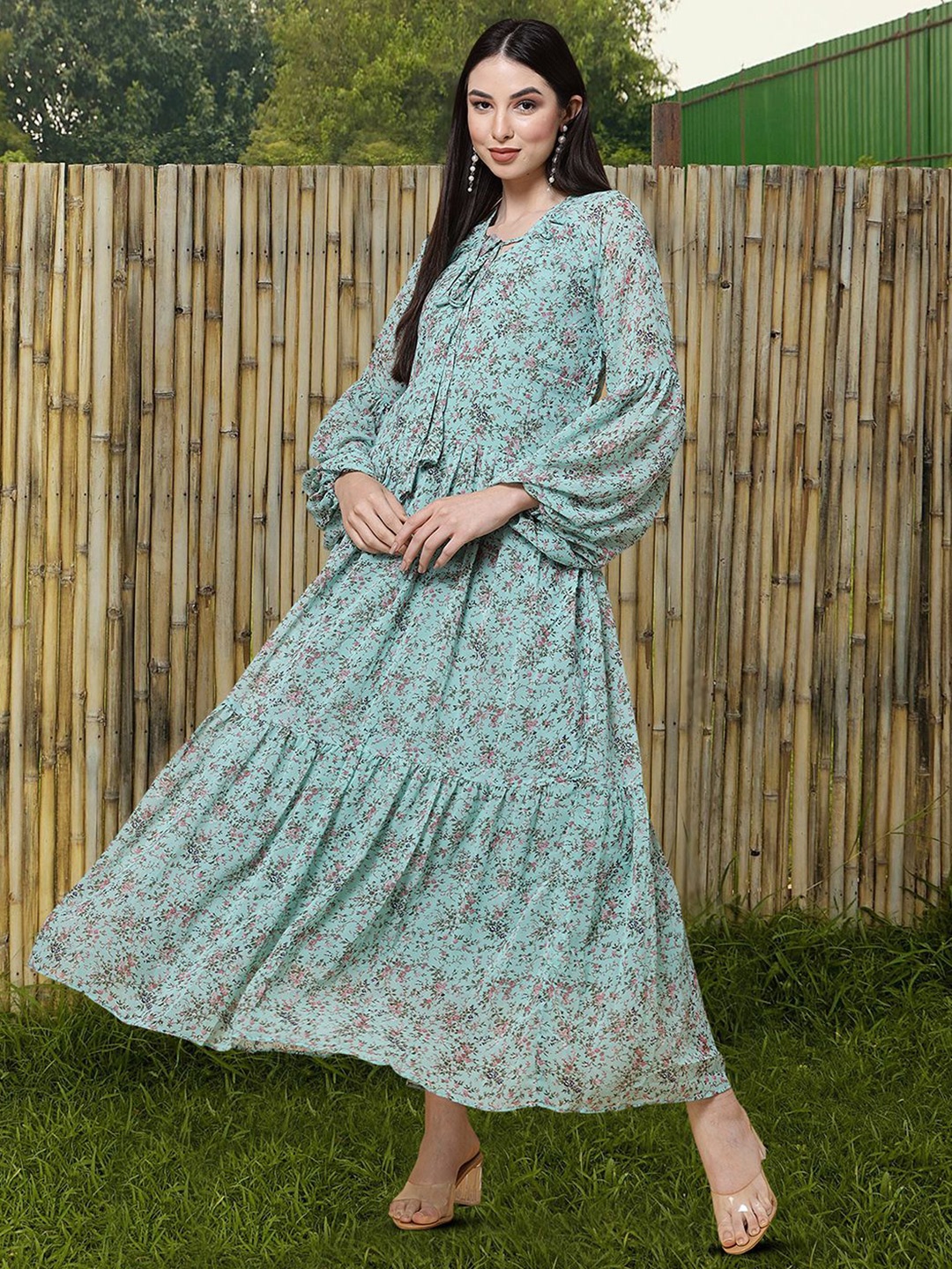 

Moda Rapido Floral Print Tie-Up Neck Applique Fit & Flare Dress, Blue