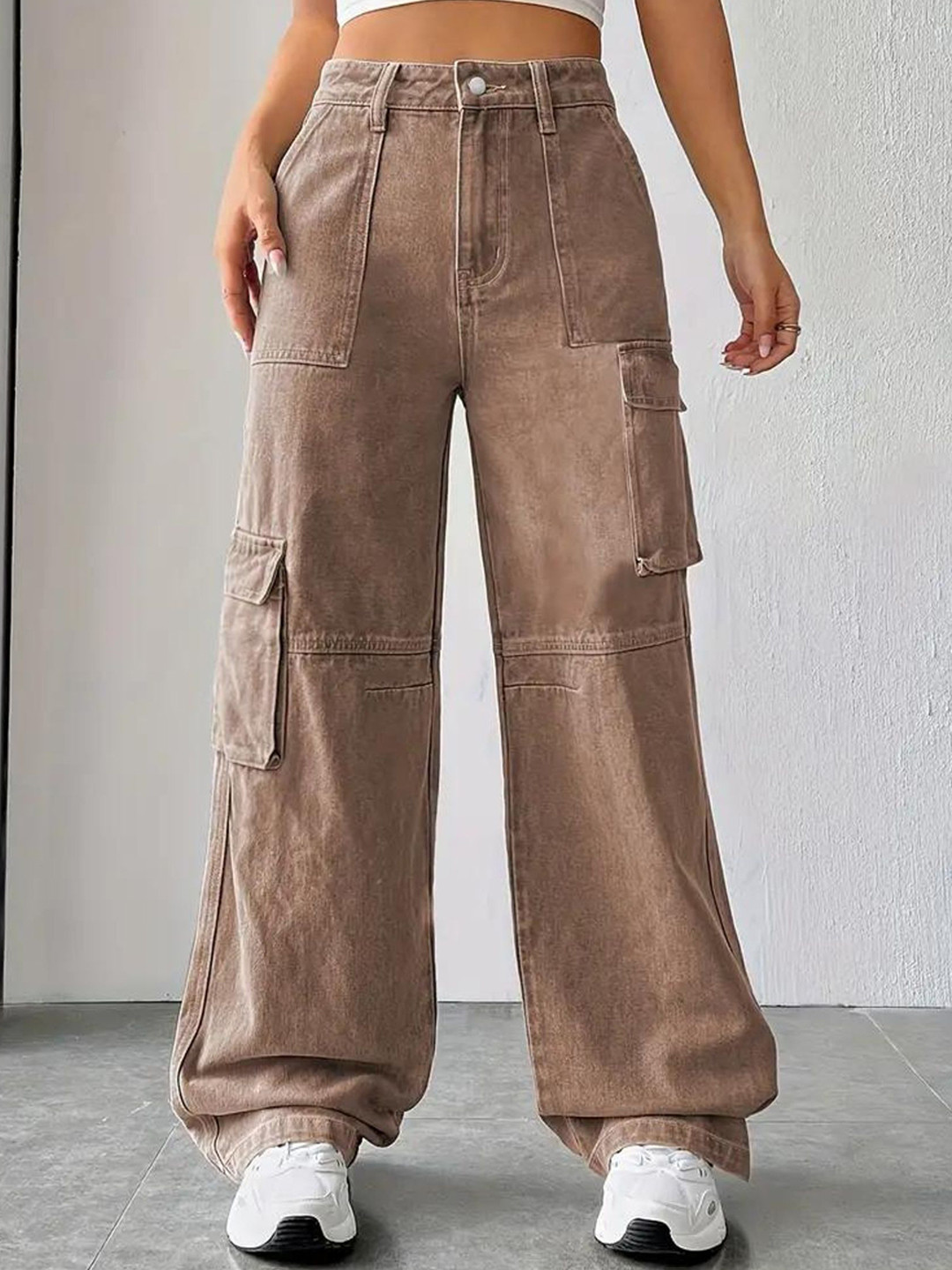 

DressBerry Women Comfort Wide Leg High-Rise Light Fade Acid Wash Stretchable Jeans, Brown