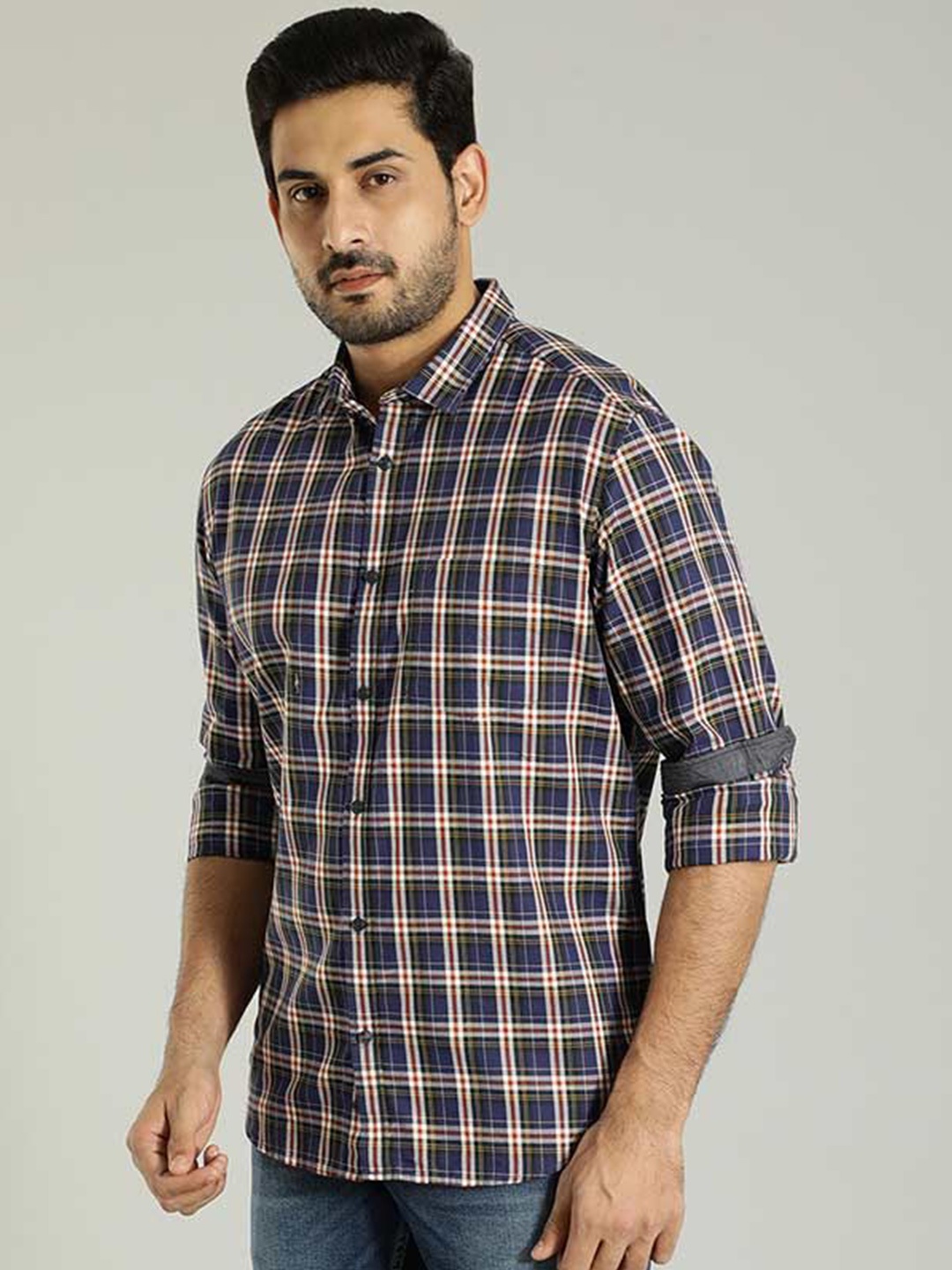 

Indian Terrain Men Slim Fit Tartan Checks Opaque Checked Casual Shirt, Blue