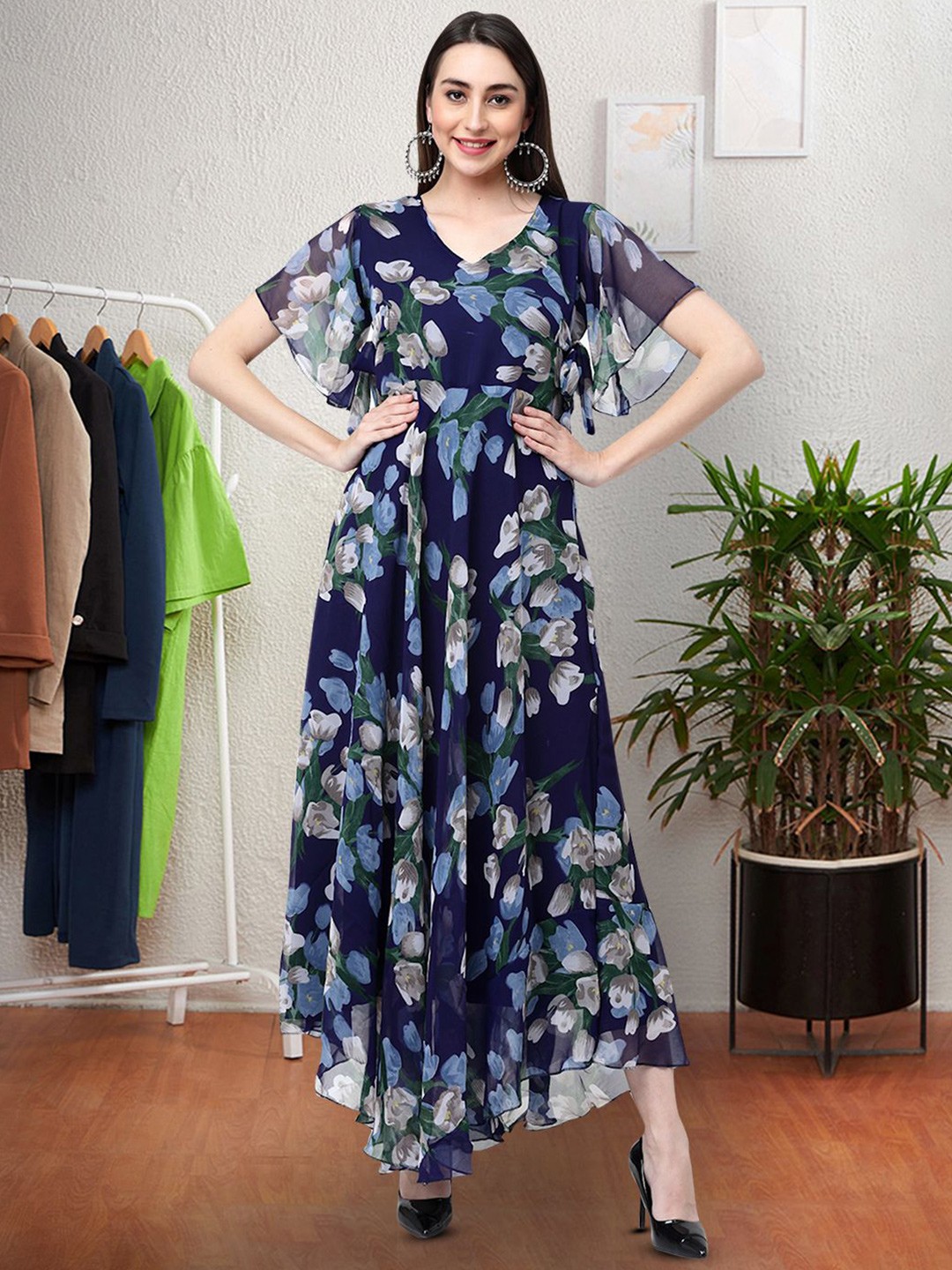 

Moda Rapido Floral Print Flared Sleeve Fit & Flare Maxi Dress, Navy blue