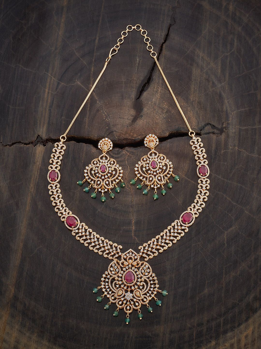 

Kushal's Fashion Jewellery Ruby-Green Gold-Plated Party Zircon Jewellery Set