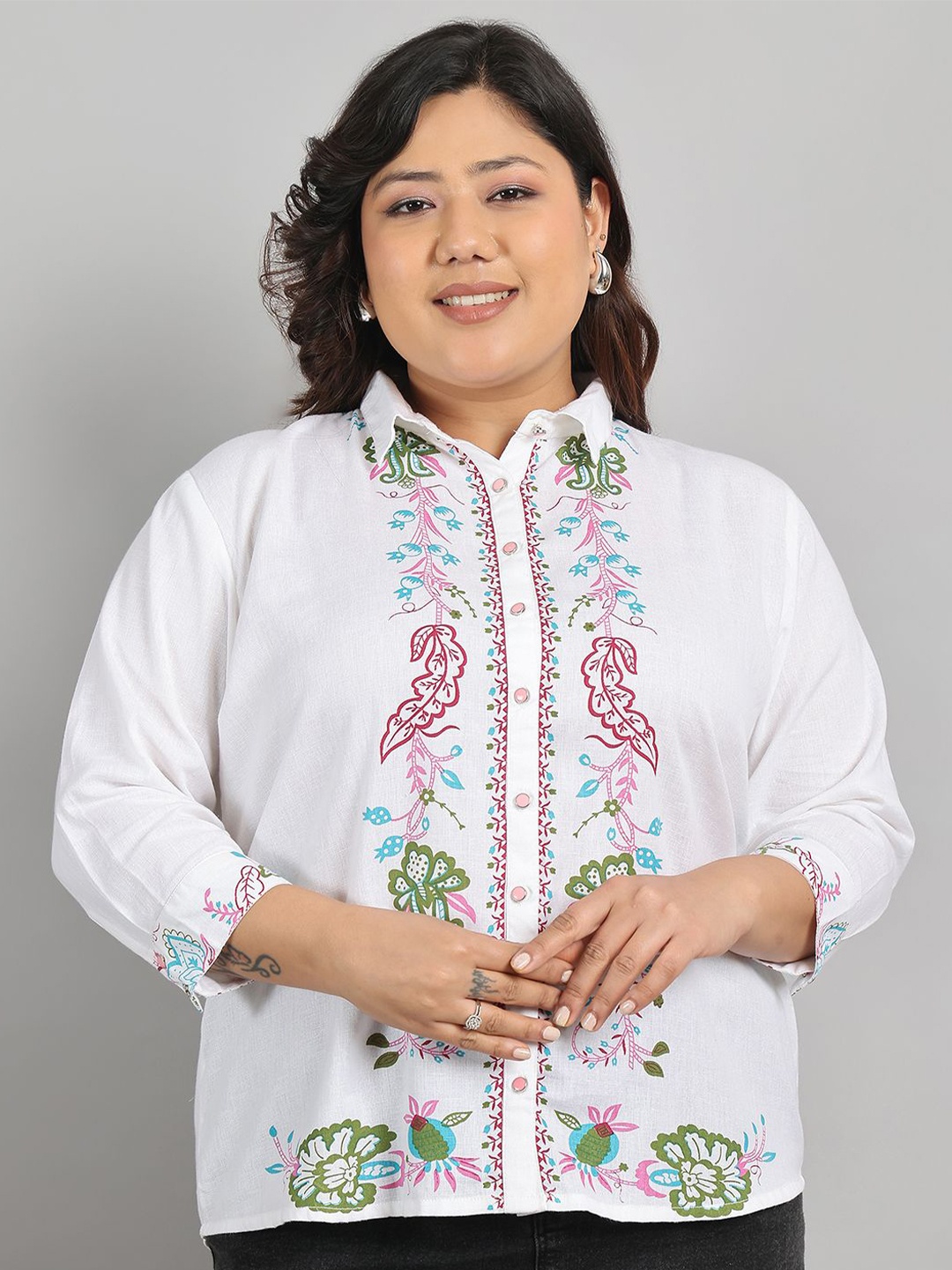 

Tulsattva Women Classic Floral Opaque Printed Casual Shirt, White