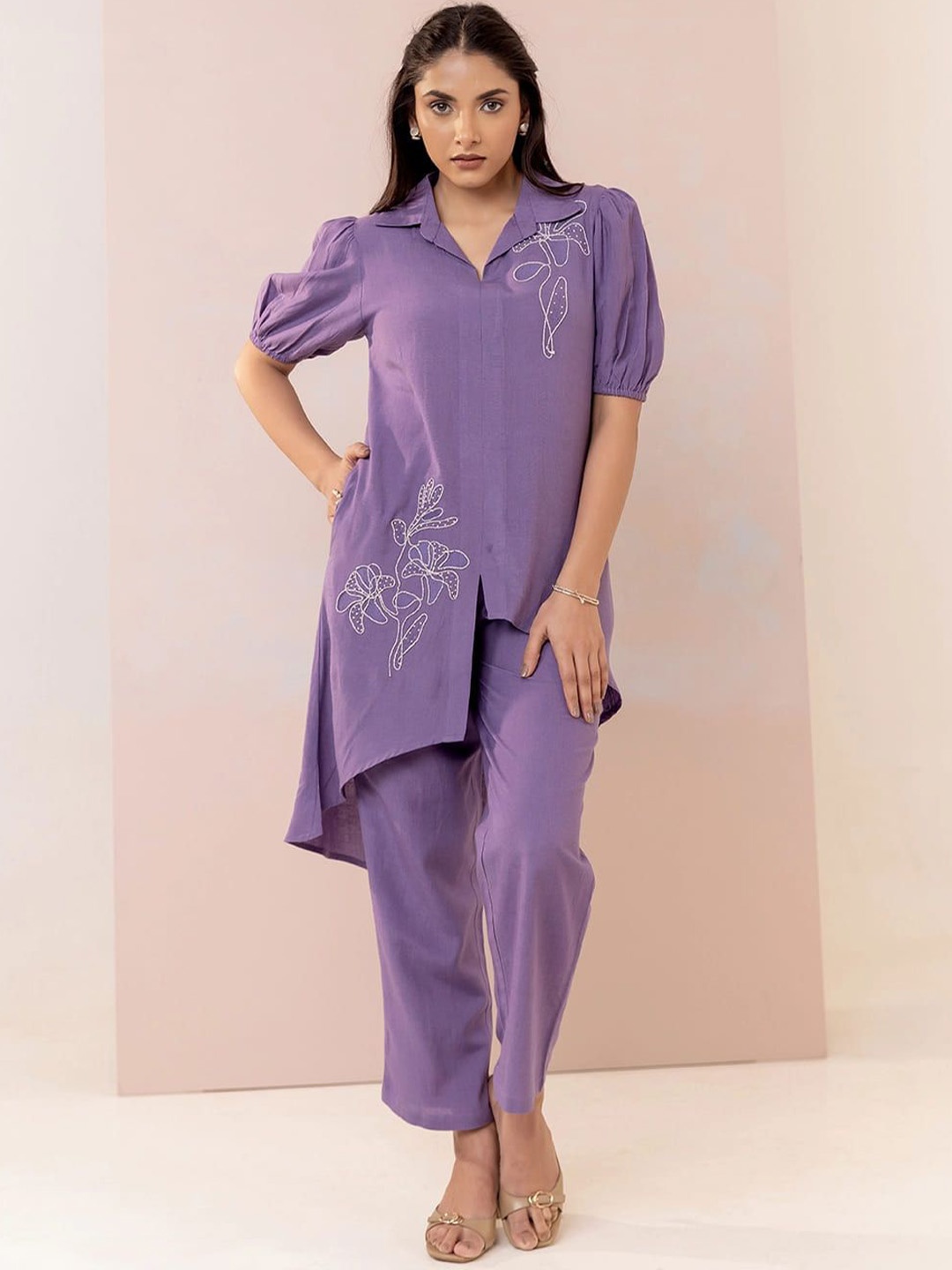 

MISRI Embroidered Shirt Collar Tunic With Trousers, Purple