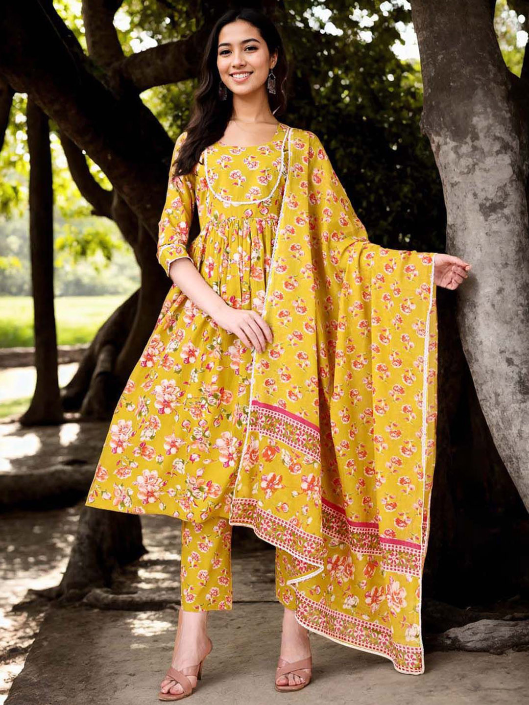 

Anouk Floral Printed Round Neck Pleated Pure Cotton A-Line Kurta With Trousers & Dupatta, Yellow