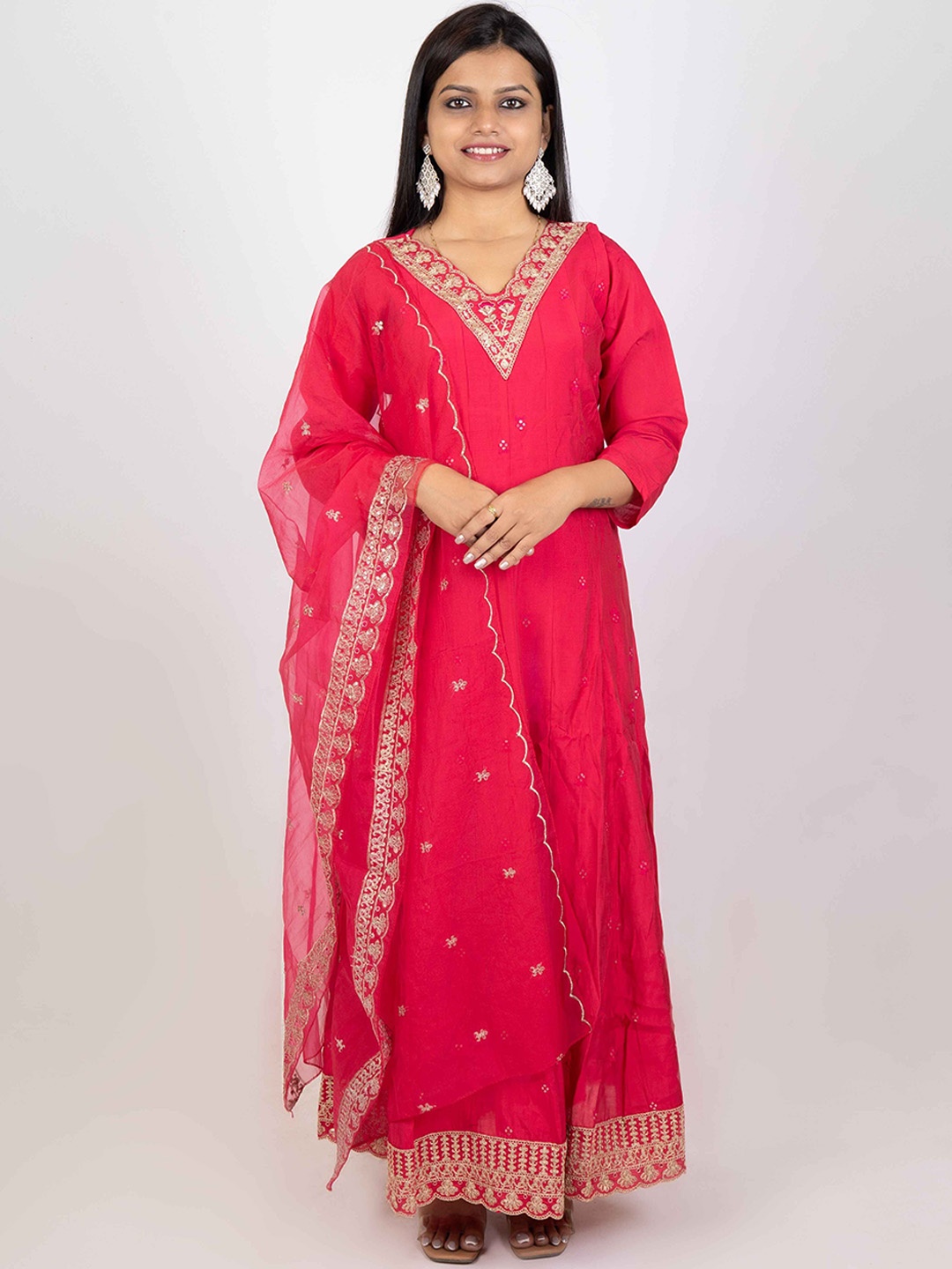 

The Kalakriti House Floral Embroidered Pure Silk Anarkali Kurta With Trousers & Dupatta, Magenta