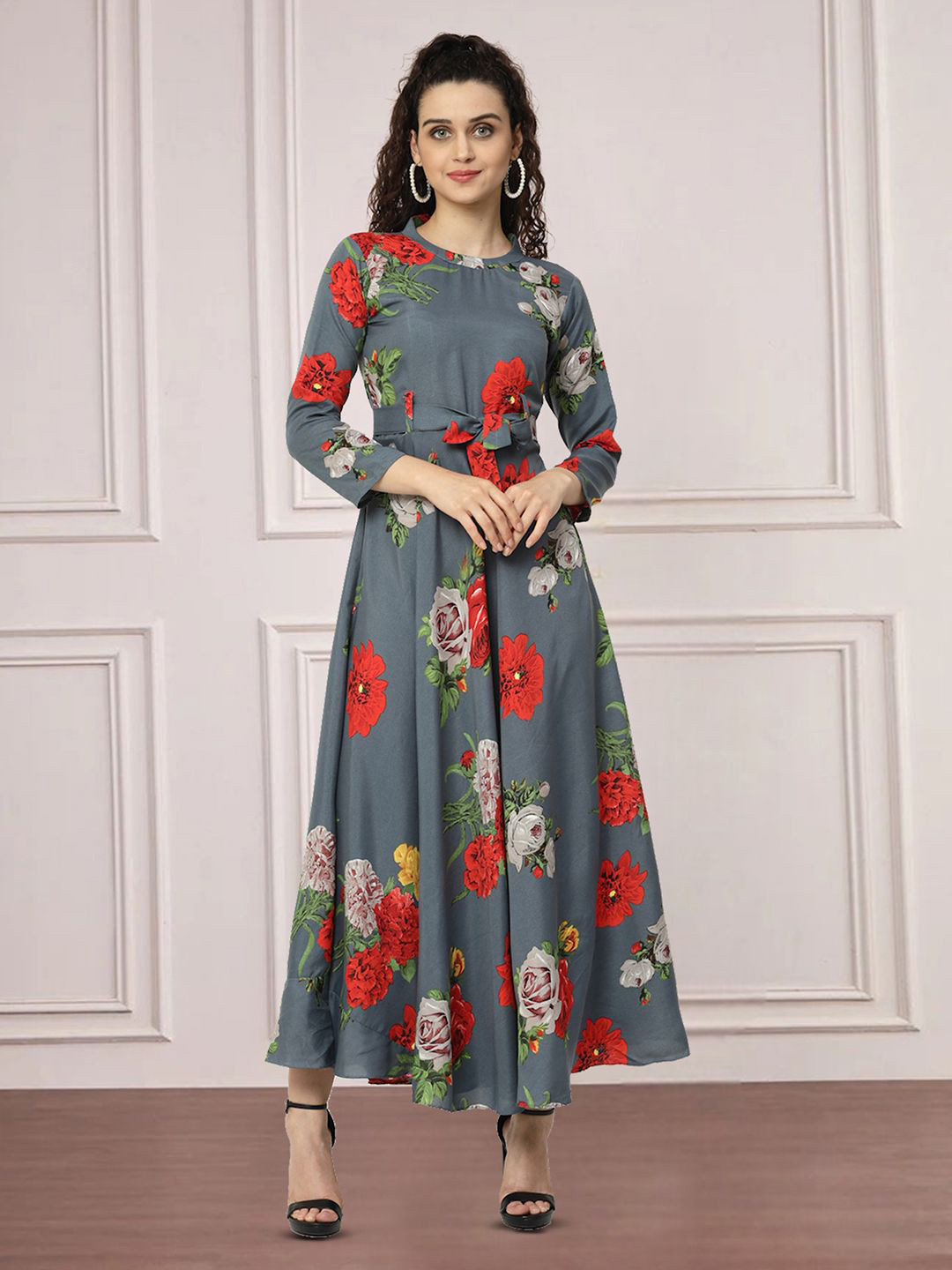 

Moda Rapido Floral Print Applique Fit & Flare Dress, Grey