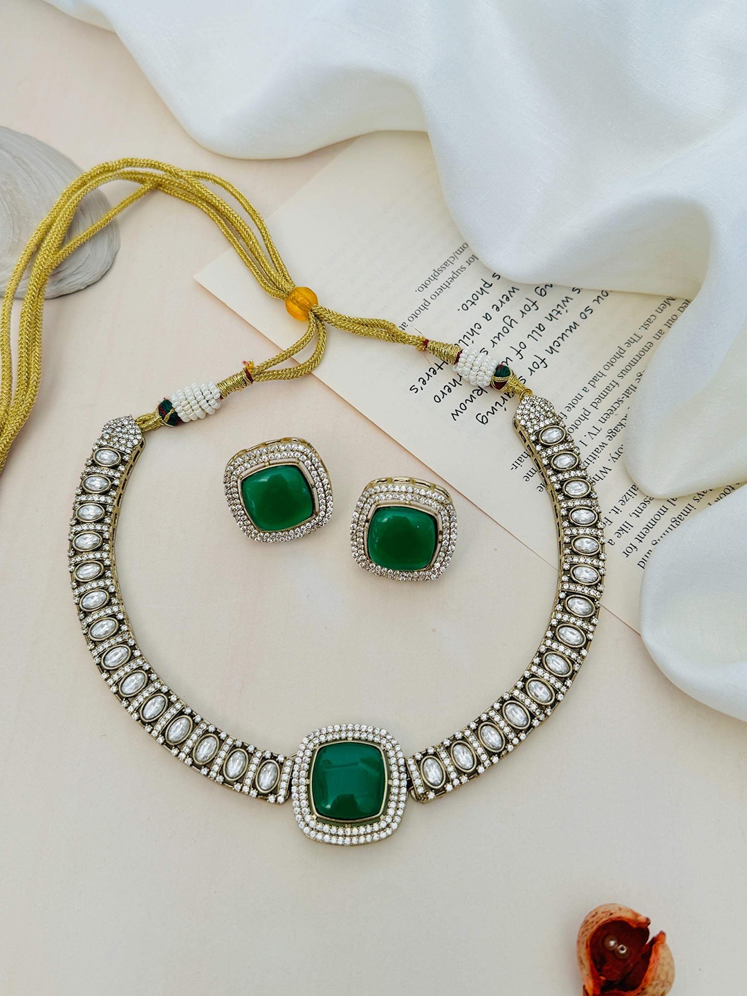 

ABDESIGNS White & Green American Diamond Studded Gold Plated Choker with Earrings