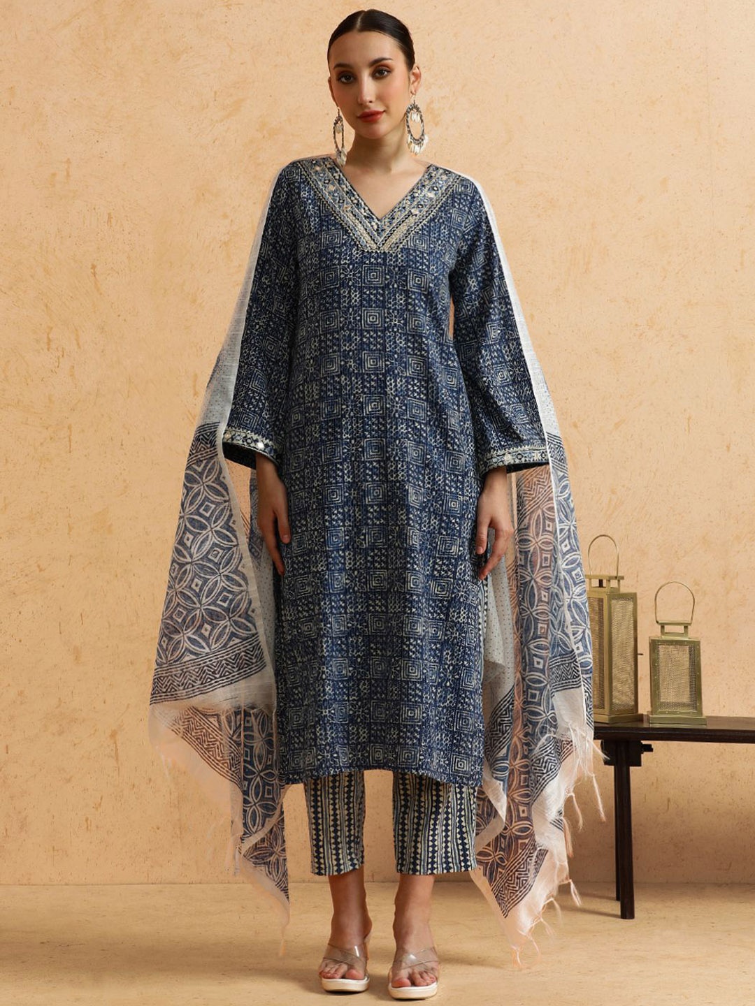 

STYLEBAAZI Striped Embroidered Mirror Work Pure Cotton Kurta With Trouser And Dupatta, Blue