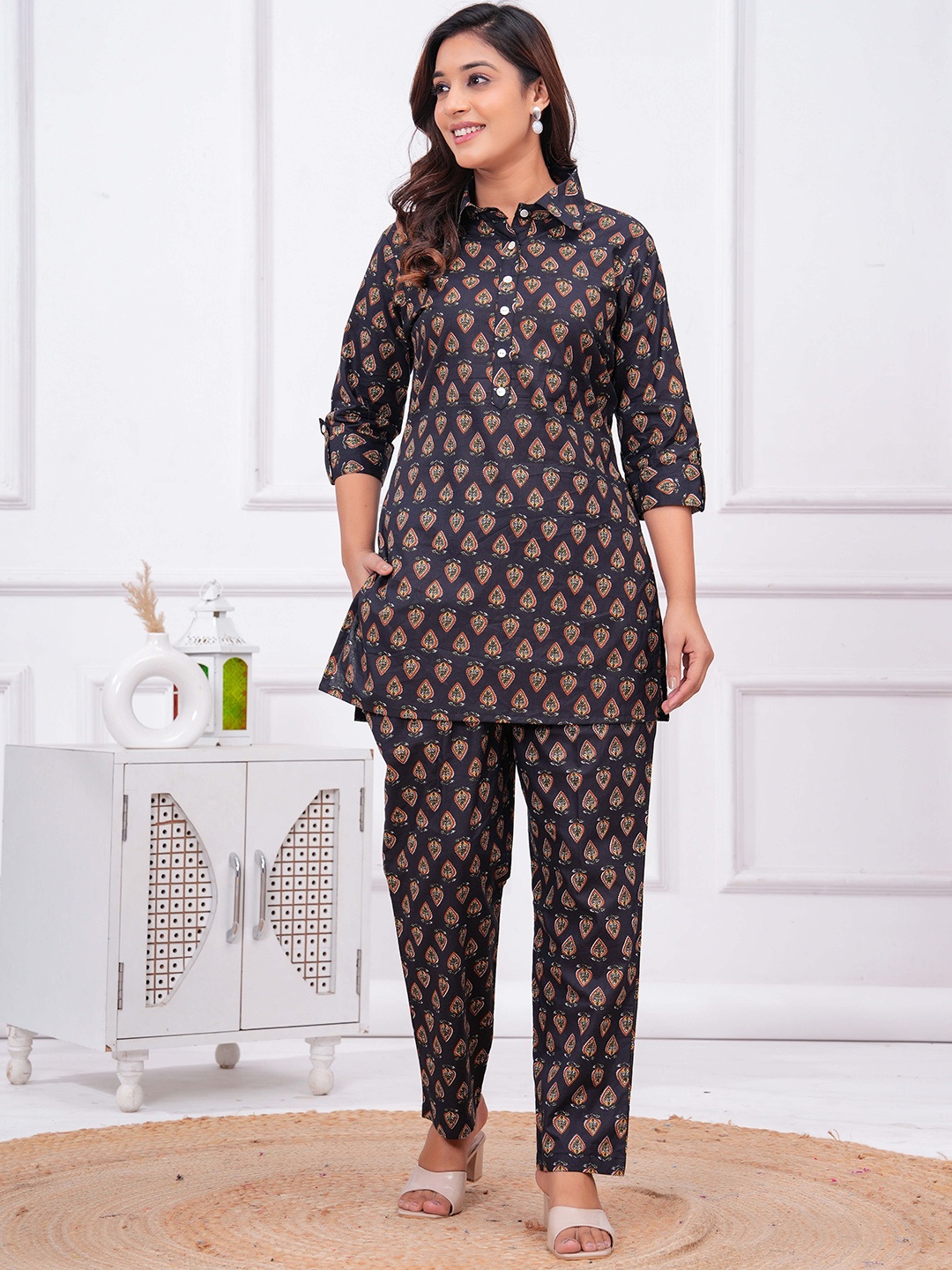 

mad fury Ethnic Motifs Printed Pure Cotton Shirt Collar Tunic & Trouser Co-Ord Set, Black