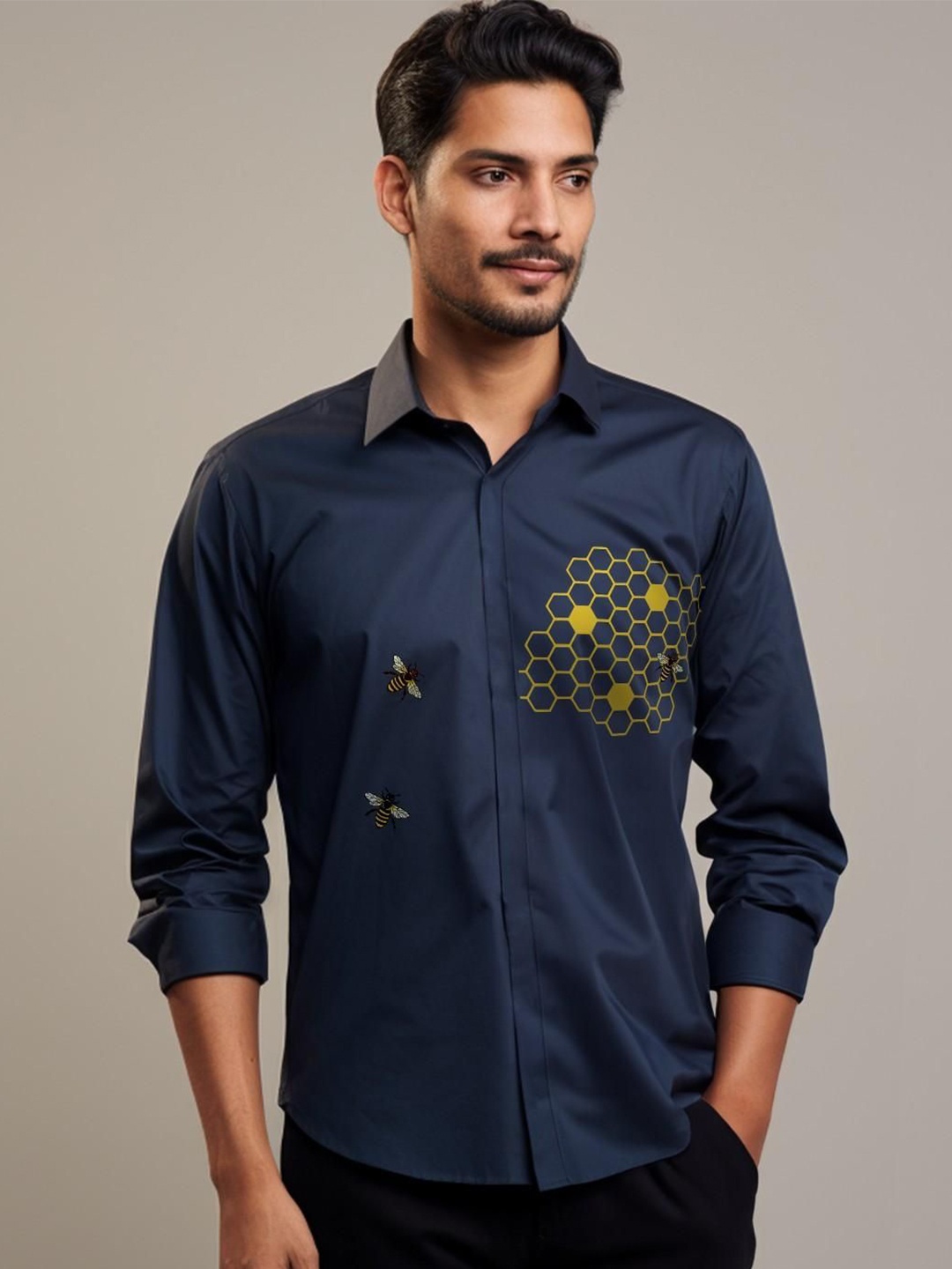 

HE SPOKE Men Smart Tailored Fit Floral Opaque Printed Casual Shirt, Navy blue