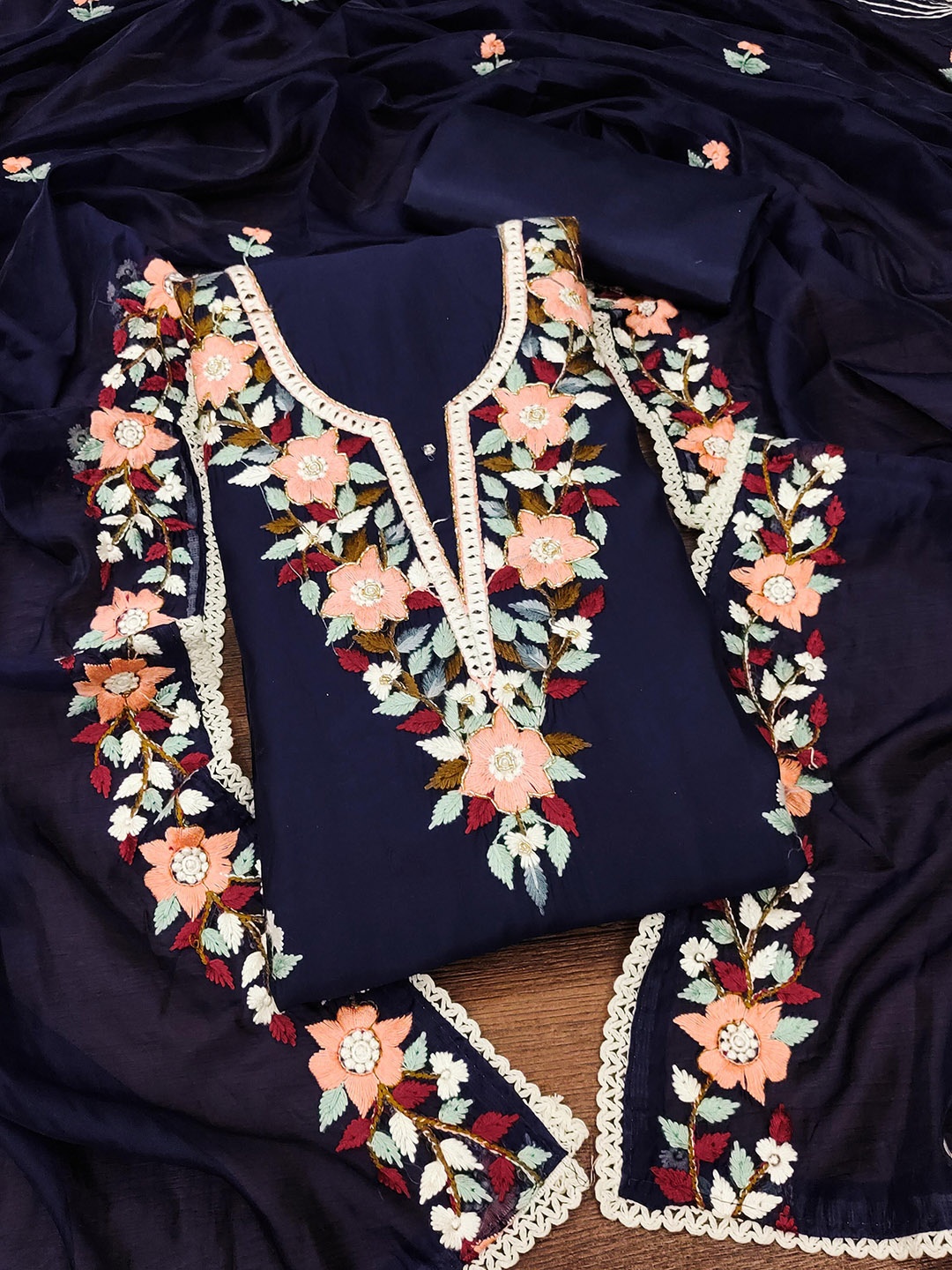 

SAINOOR Floral Embroidered Beads And Stones Pure Silk Semi-Stitched Dress Material, Navy blue