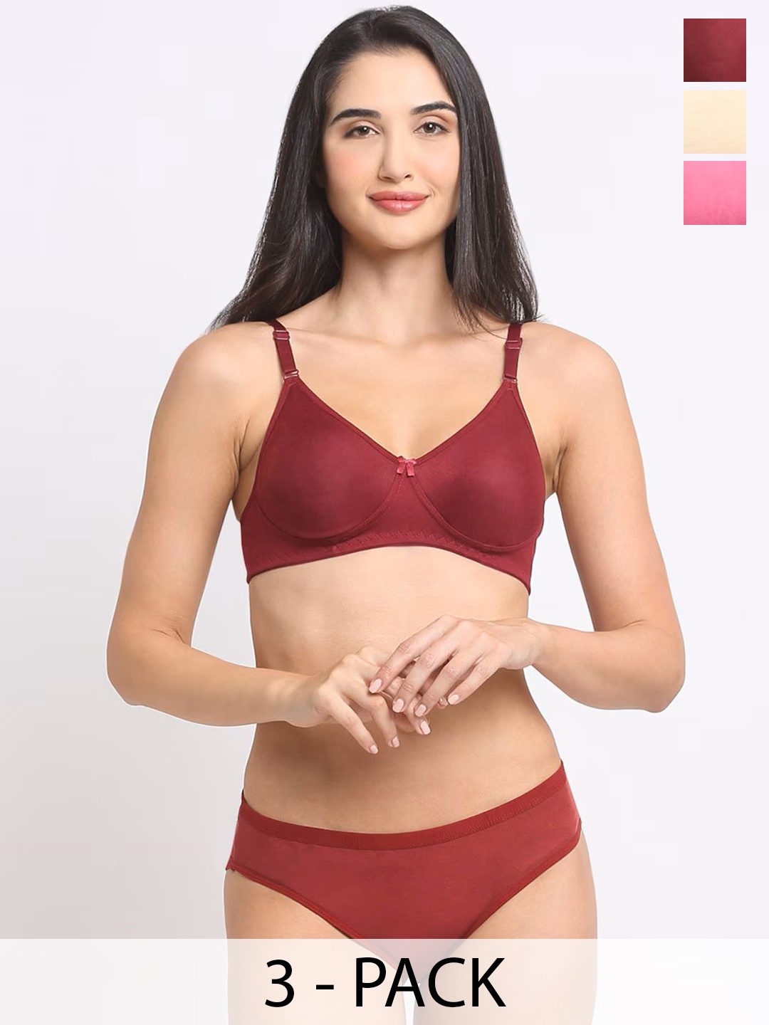 

Designer Bugs Pack Of 3 Cotton Non Padded Non Wired Lingerie Set NPLS-BP-PH-M-30B, Pink
