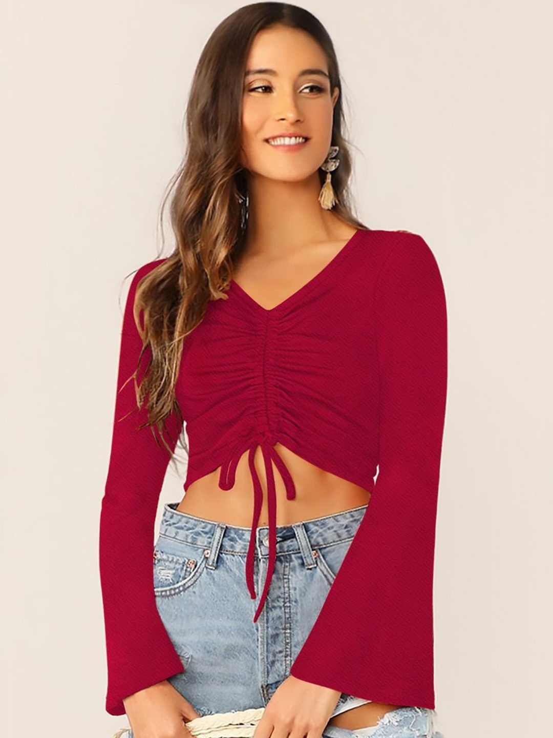 

CORSICA Bell Sleeve V-Neck Crop Top, Maroon
