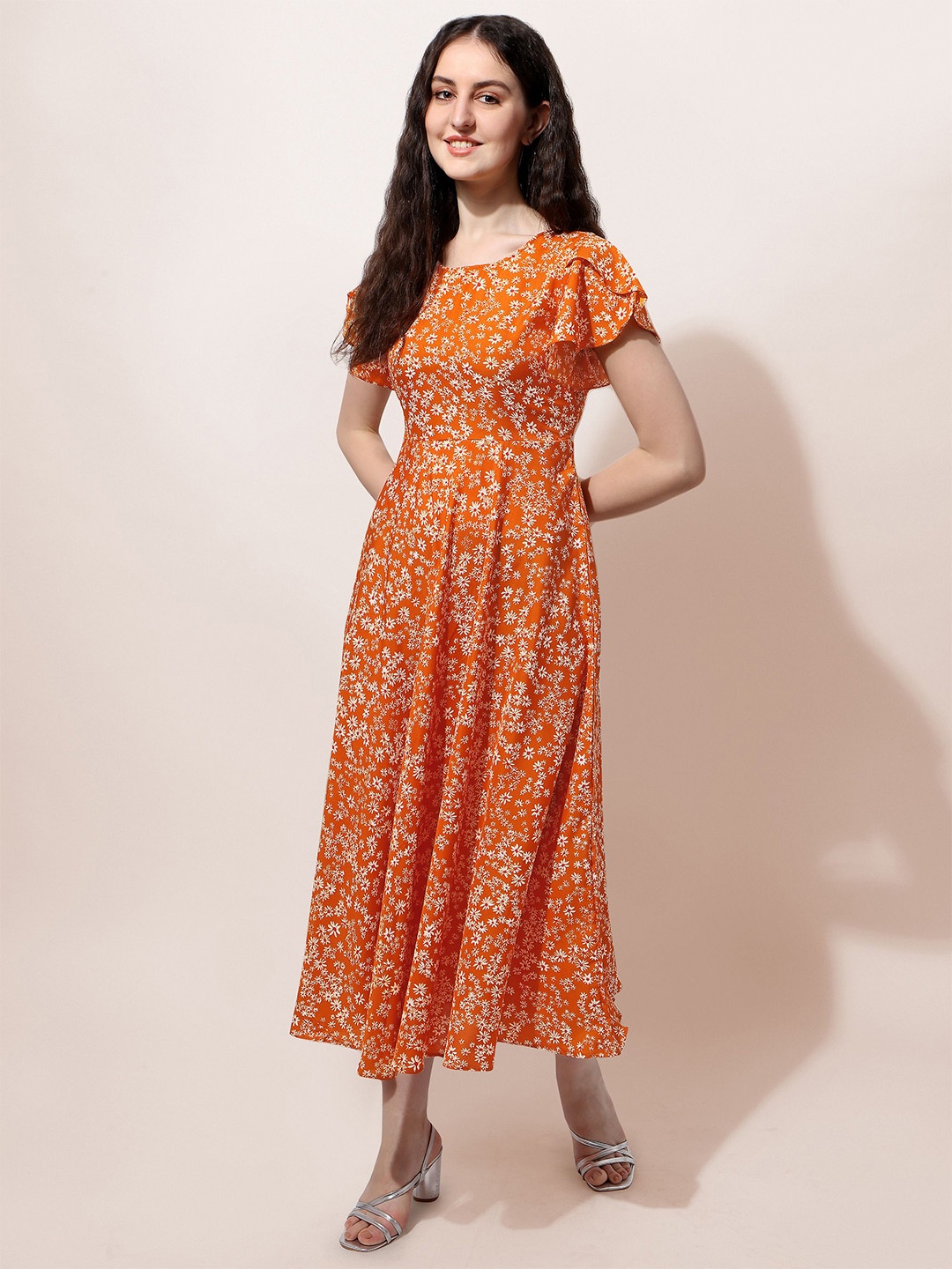 

Oomph! Floral Print Flutter Sleeve Crepe Fit & Flare Maxi Dress, Orange