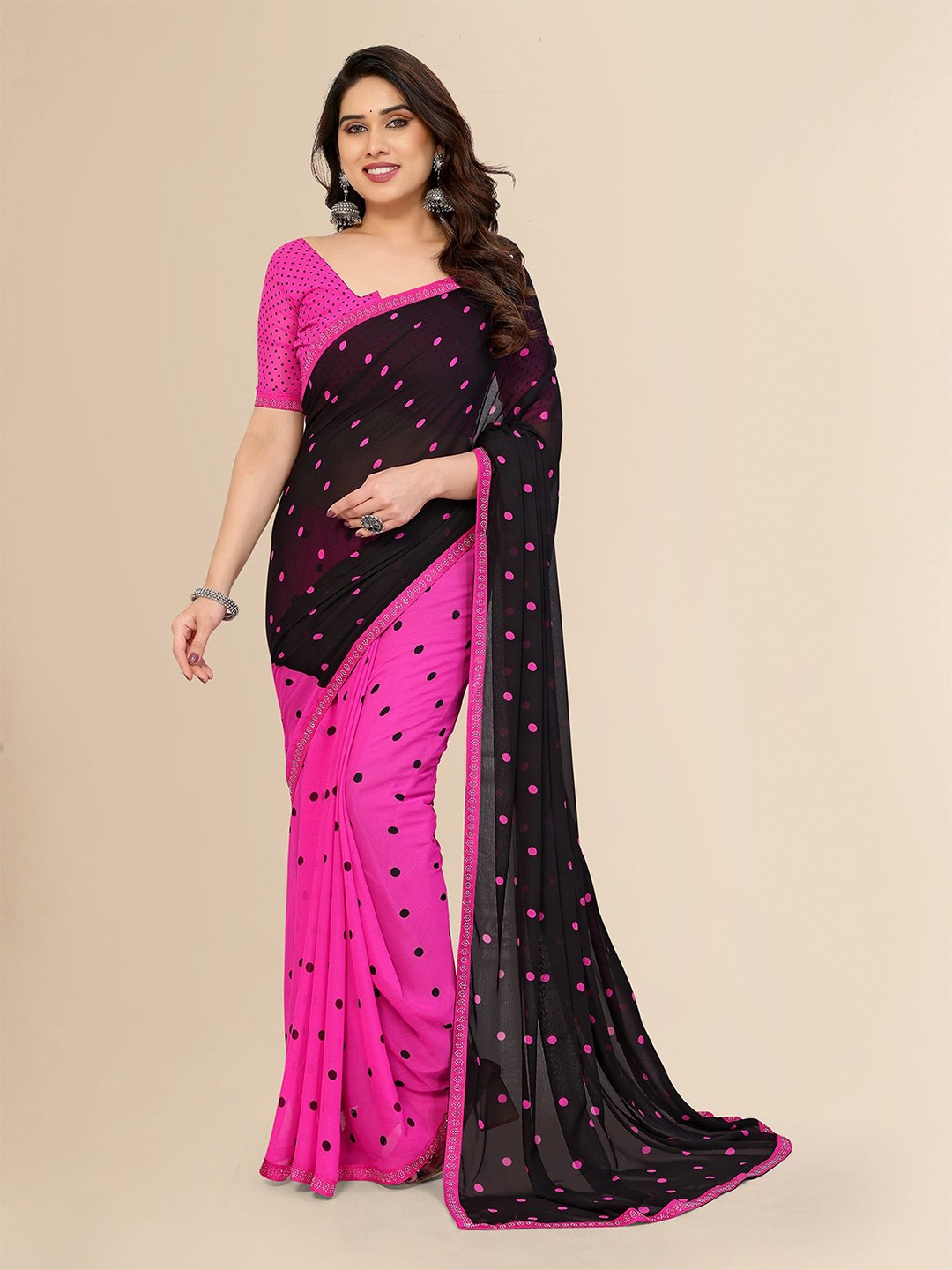 

Moda Rapido Polka Dot Printed Saree, Pink
