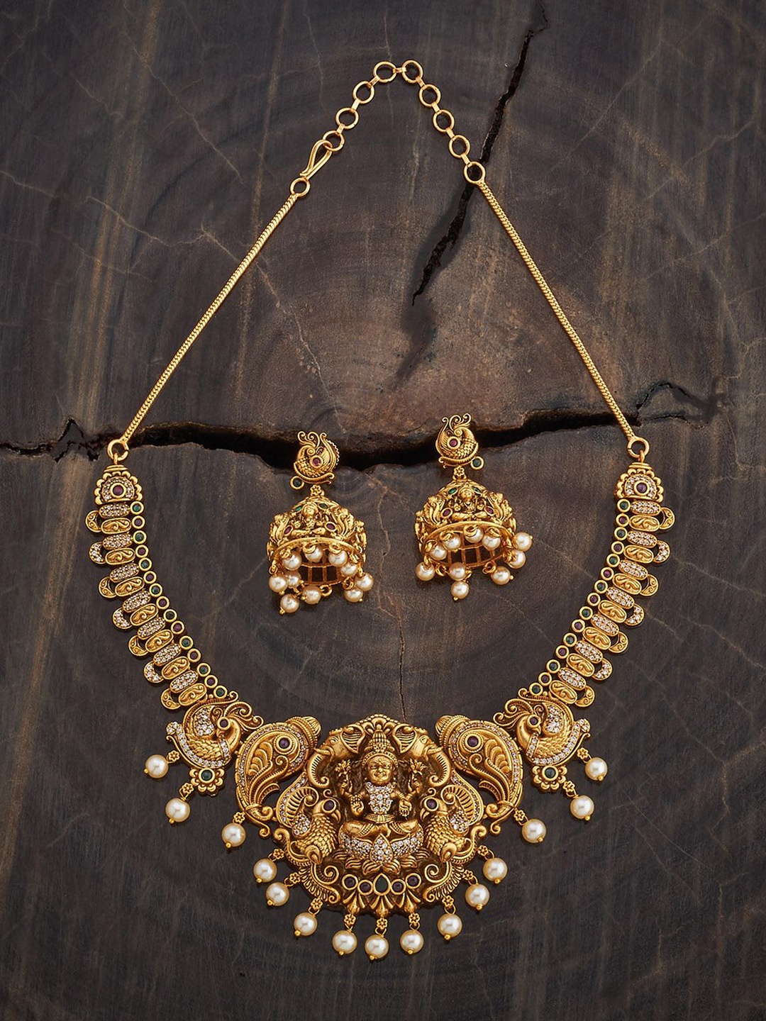 

Kushal's Fashion Jewellery Ruby-Green Gold-Plated Ethnic Antique Jewellery Set