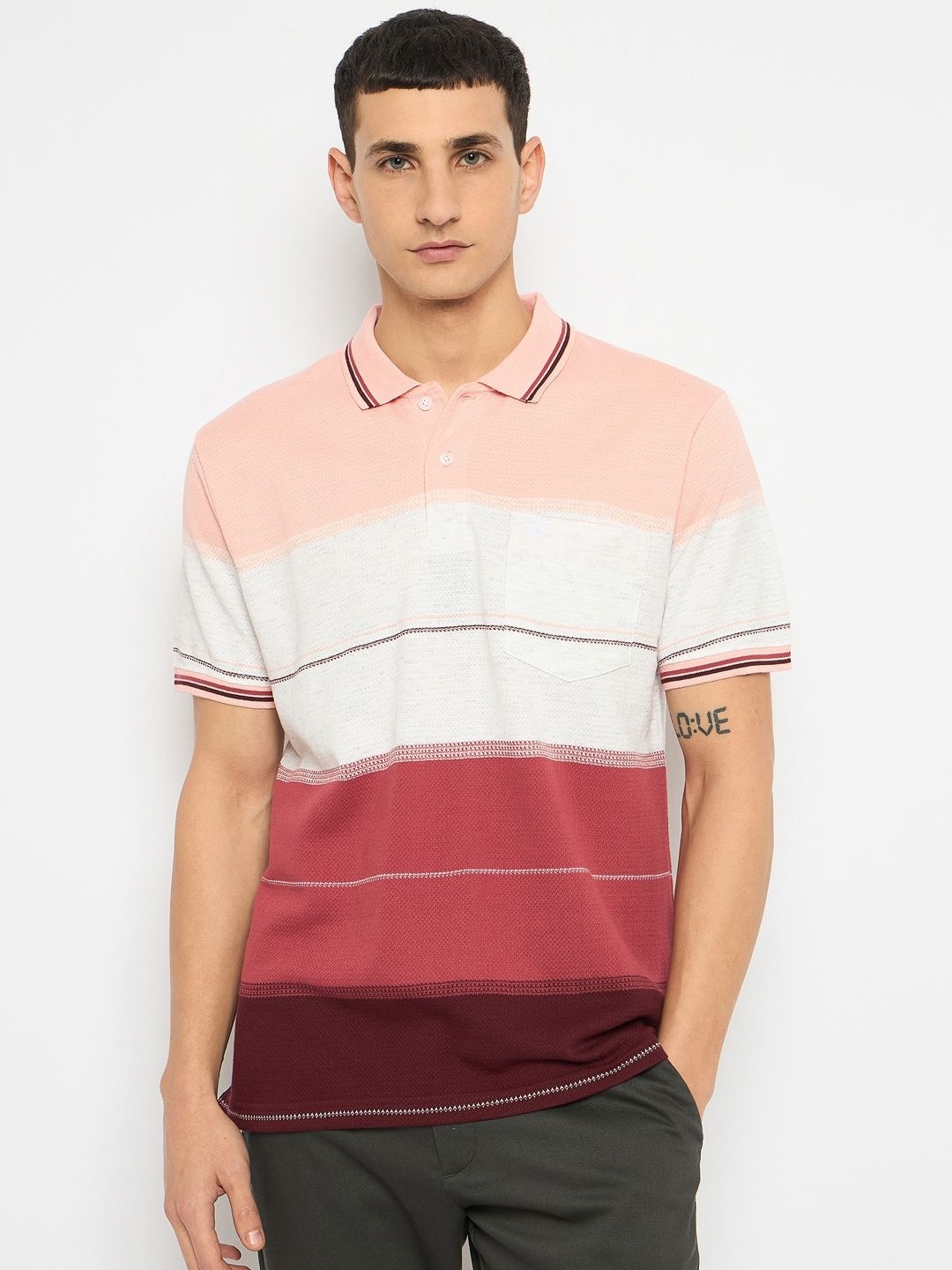 

Duke Men Striped Polo Collar Pockets T-shirt, Pink