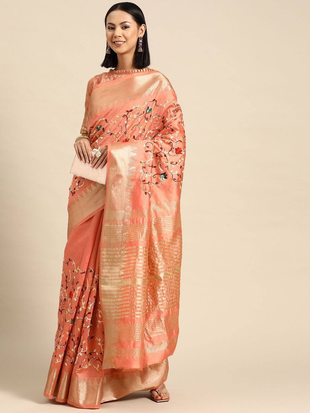 

DIVASTRI Woven Design Zari Silk Cotton Banarasi Saree, Peach