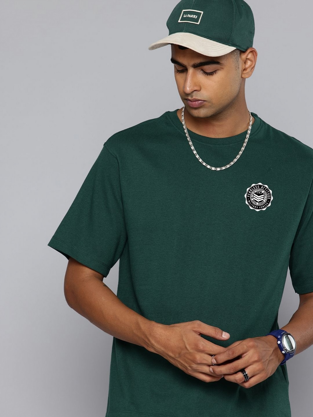

R.Code by The Roadster Lifestyle Co. Men Solid Cotton Relaxed Fit T-shirt, Green