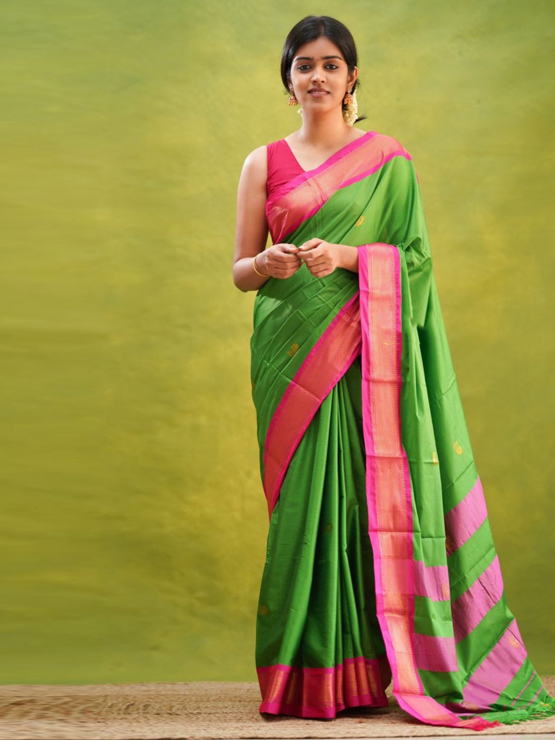 

yourwish Ethnic Motifs Zari Silk Cotton Kanjeevaram Saree, Green