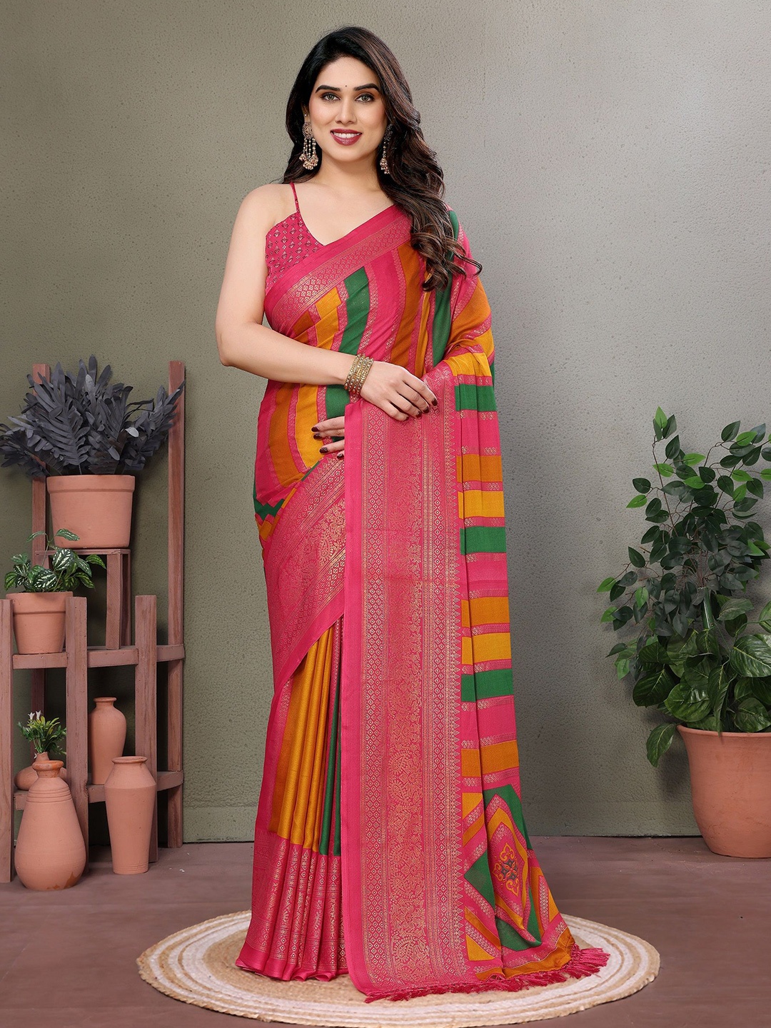 

Moda Rapido Striped Zari Poly Georgette Saree, Pink