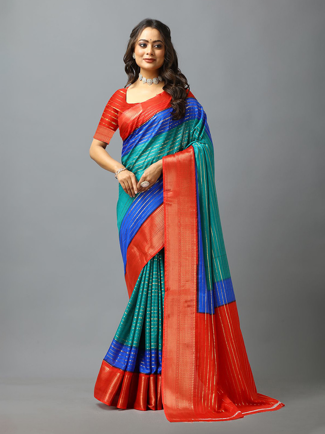 

NIRMAL CREATION Striped Saree, Red