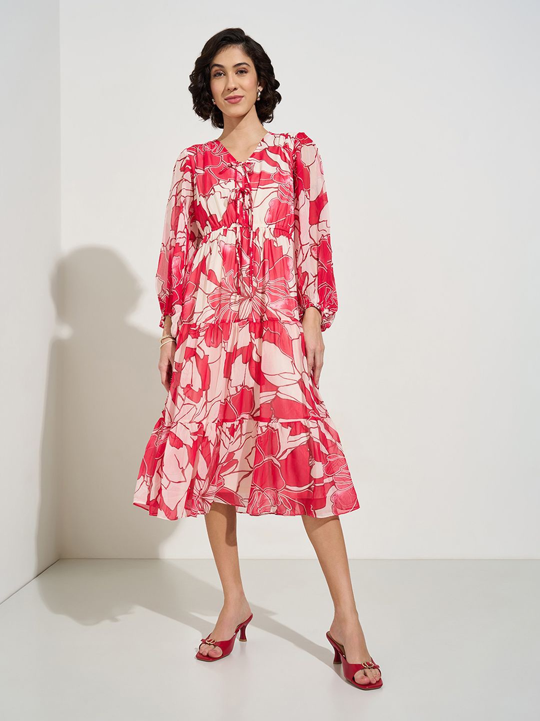 

Honey by Pantaloons Floral Print Puff Sleeve A-Line Midi Dress, Red