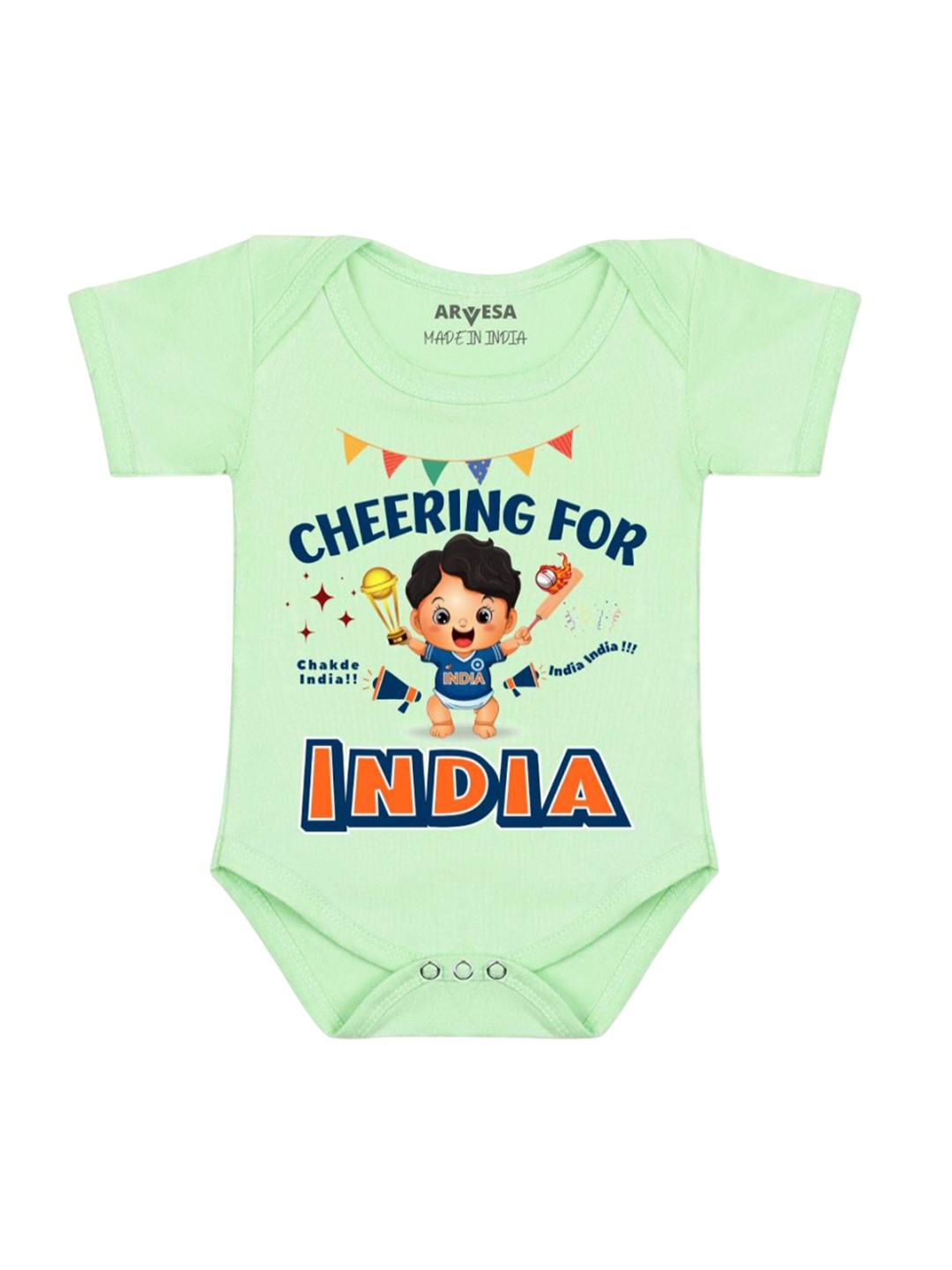 

Arvesa Kids Cheering For India Printed Romper, Green