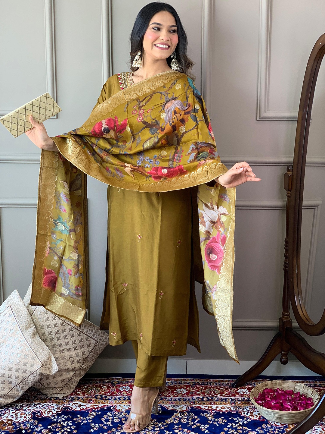 

KALINI Ethnic Motifs Yoke Design Embroidared Chanderi Silk Kurta with Trousers & Dupatta, Mustard