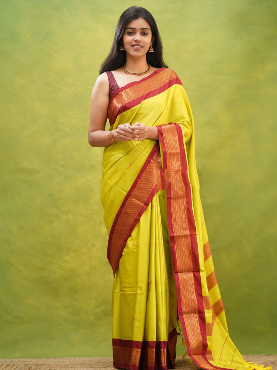 

yourwish Woven Design Zari Silk Cotton Kanjeevaram Saree, Yellow