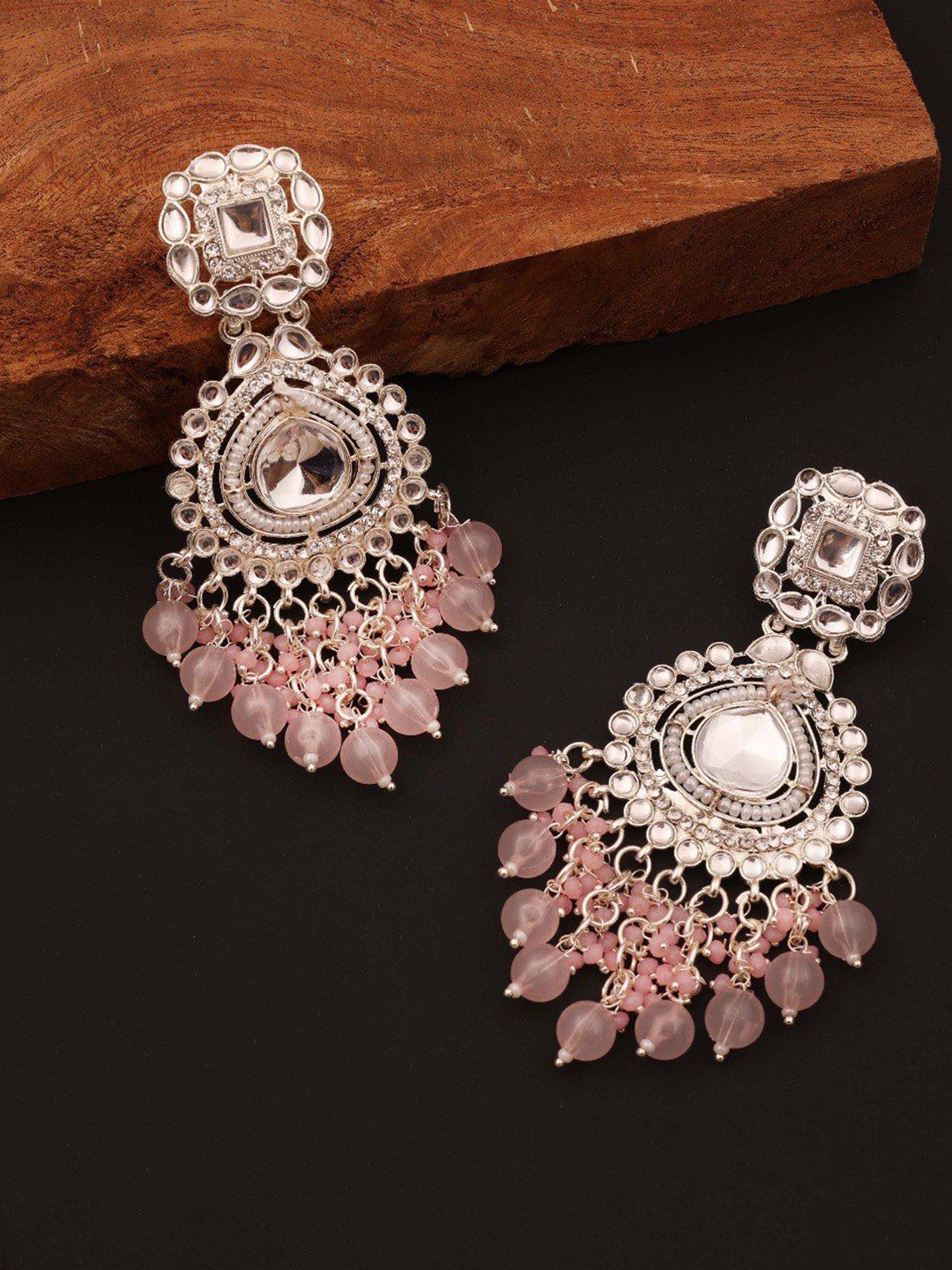 

Lyriss Gold Plated Artificial Stone Studded & Beaded Contemporary Chandbalis, Silver