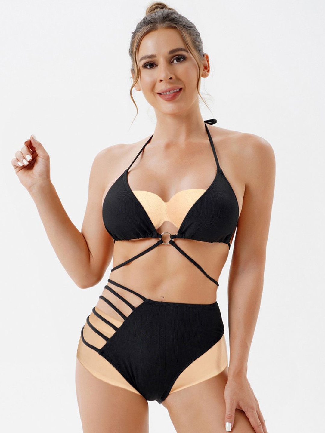

Women's Brazilian Swim Wear Halter Triangle Side Panty Bikini Set for Beach Wear, Black
